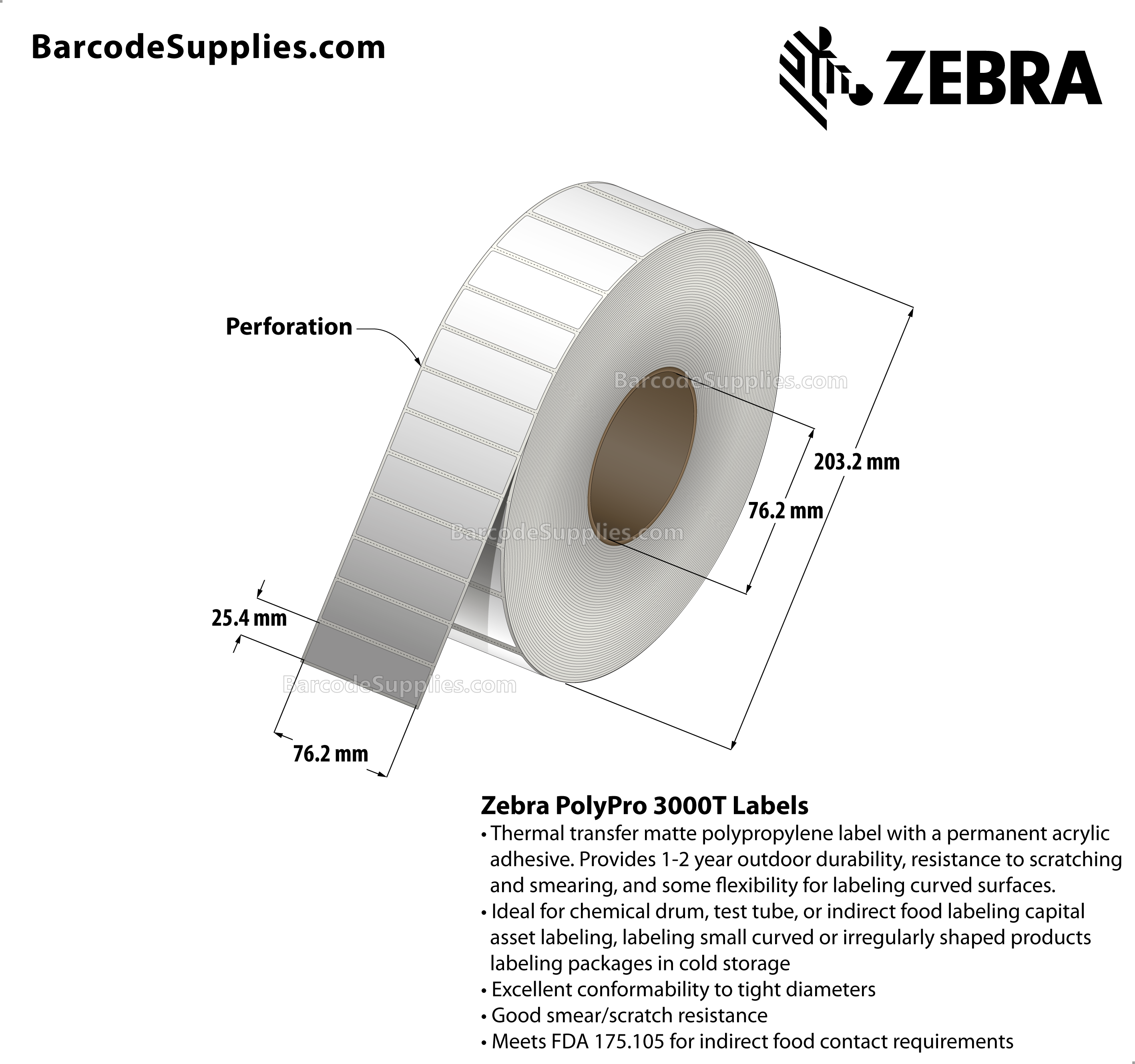 3 x 1 Thermal Transfer White PolyPro 3000T Labels With Permanent Adhesive - Perforated - 4610 Labels Per Roll - Carton Of 4 Rolls - 18440 Labels Total - MPN: 10011990