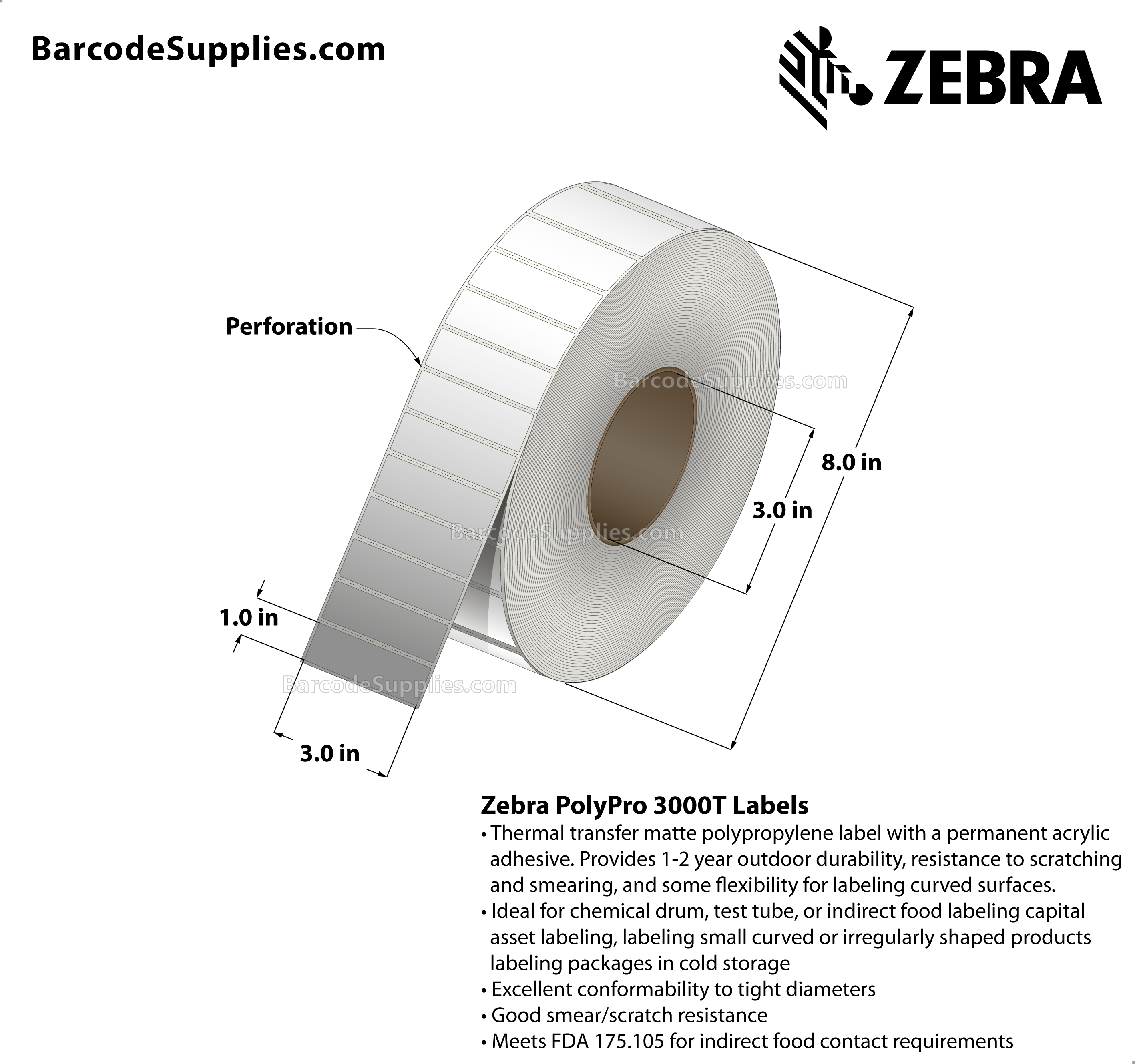 3 x 1 Thermal Transfer White PolyPro 3000T Labels With Permanent Adhesive - Perforated - 4610 Labels Per Roll - Carton Of 4 Rolls - 18440 Labels Total - MPN: 10011990