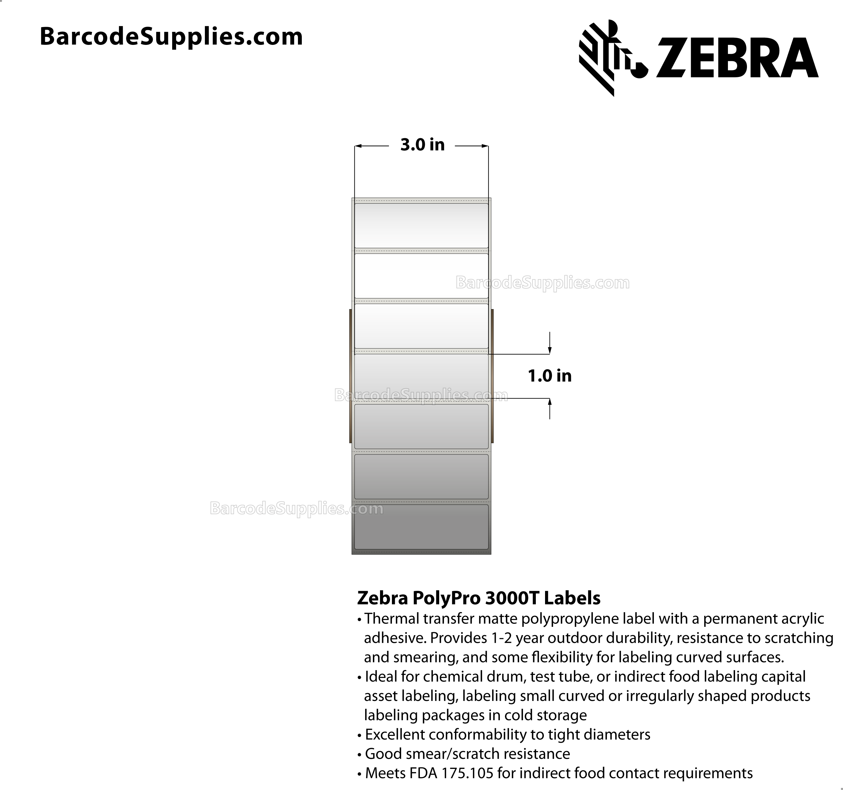 3 x 1 Thermal Transfer White PolyPro 3000T Labels With Permanent Adhesive - Perforated - 4610 Labels Per Roll - Carton Of 4 Rolls - 18440 Labels Total - MPN: 10011990