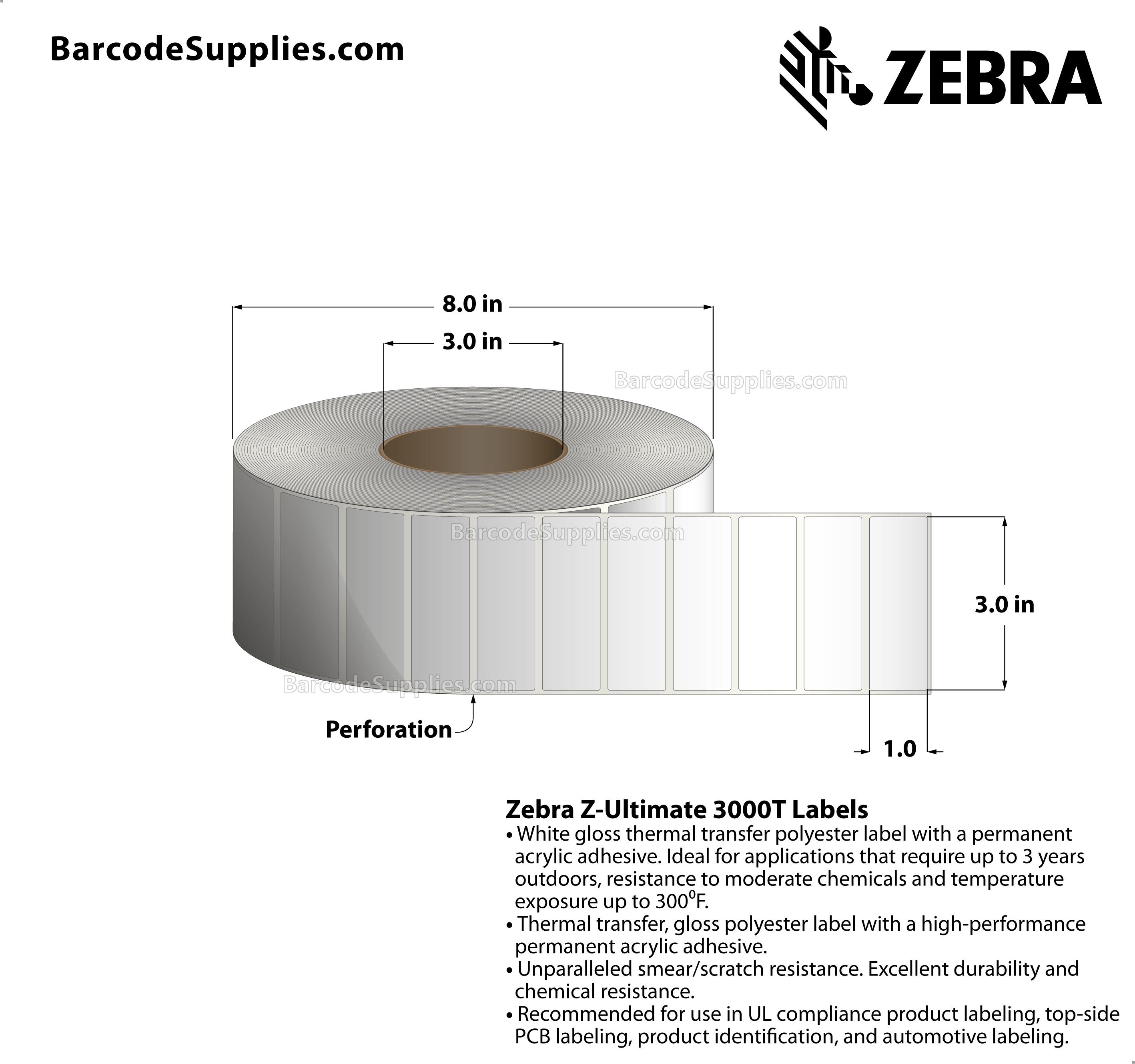 3 x 1 Thermal Transfer White Z-Ultimate 3000T Labels With Permanent Adhesive - Not Perforated - 5240 Labels Per Roll - Carton Of 4 Rolls - 20960 Labels Total - MPN: 10011702