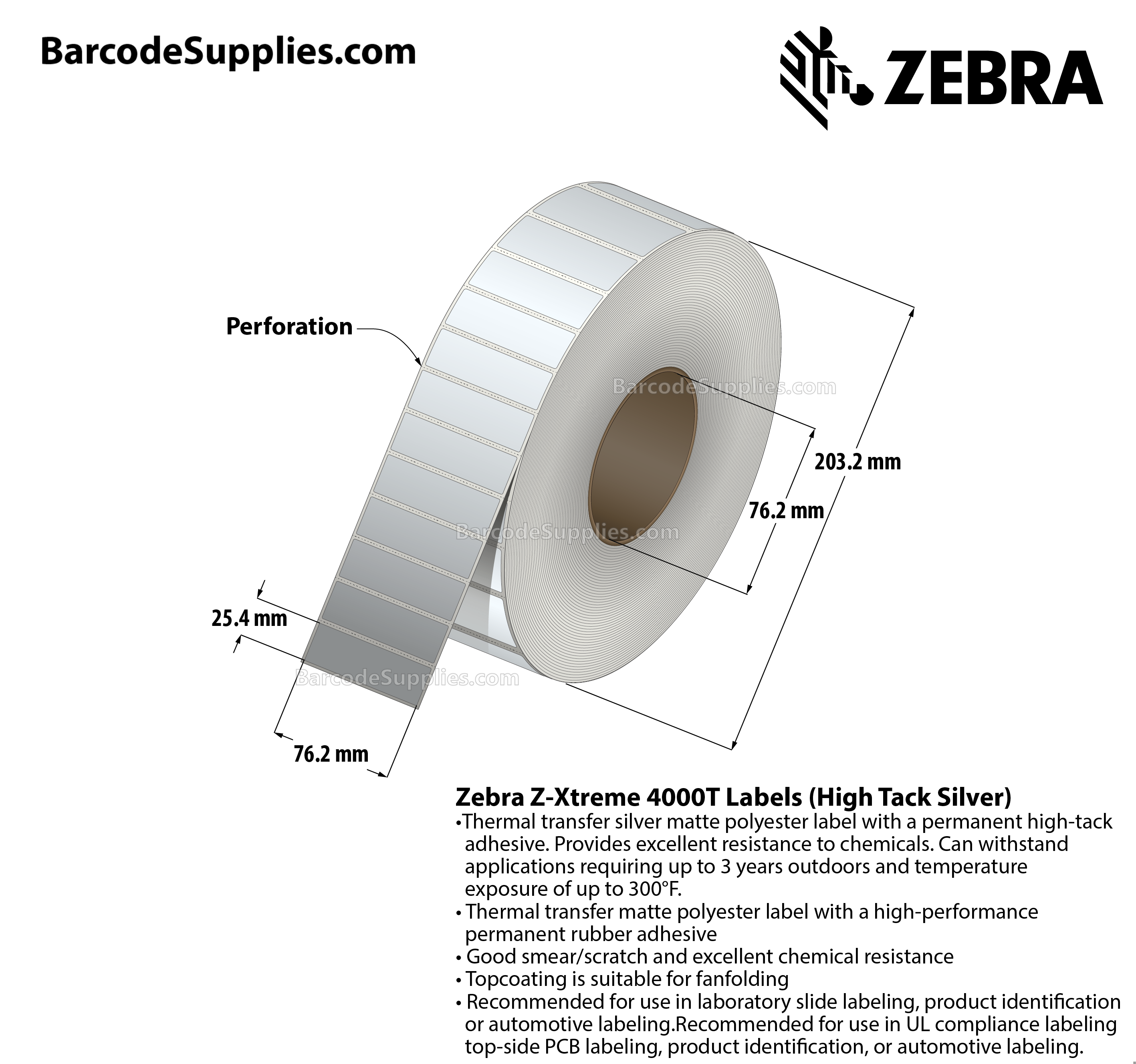 3 x 1 Thermal Transfer Silver Z-Xtreme 4000T High-Tack Silver Labels With High-tack Adhesive - Perforated - 3000 Labels Per Roll - Carton Of 1 Rolls - 3000 Labels Total - MPN: 10023179