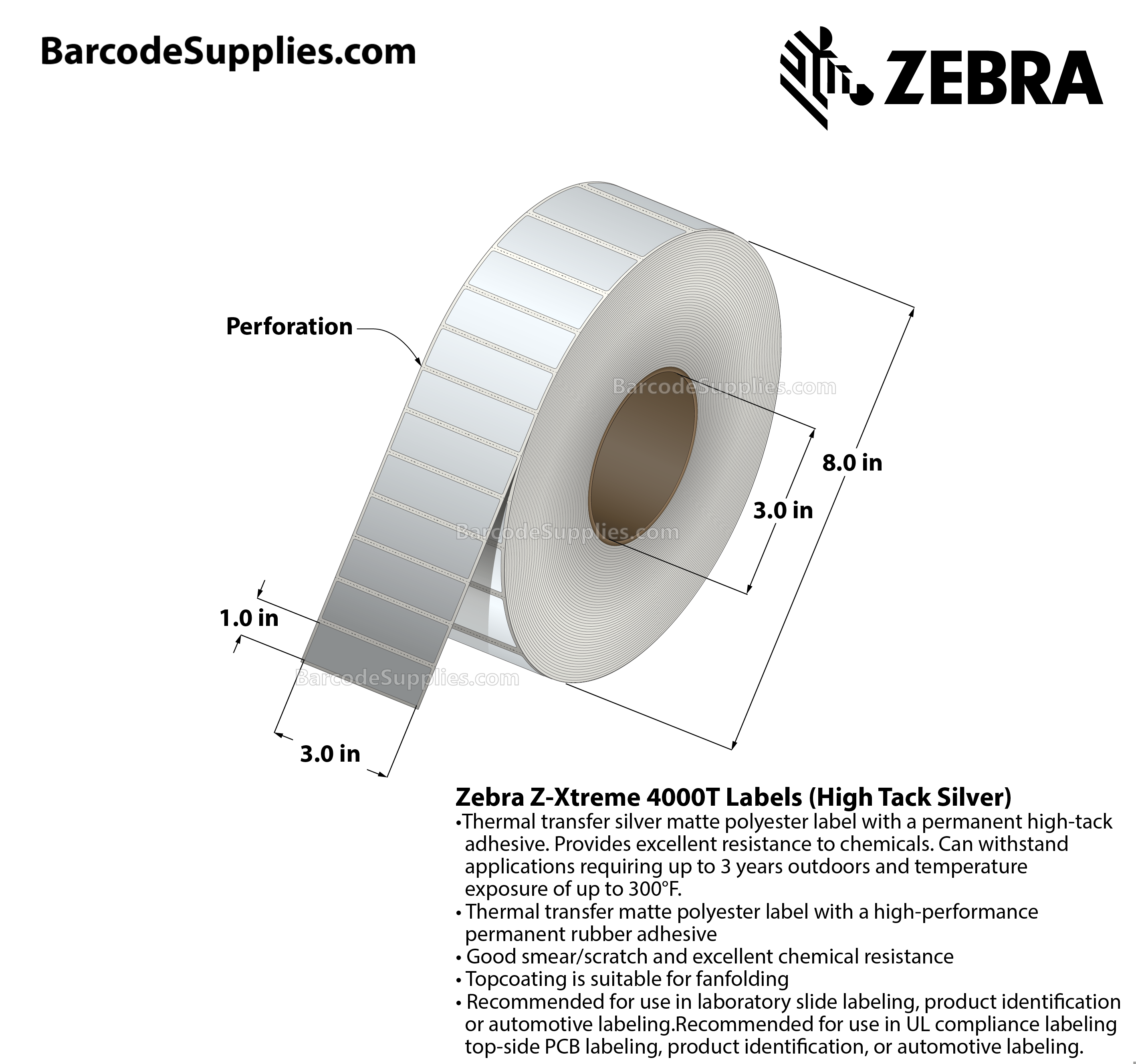 3 x 1 Thermal Transfer Silver Z-Xtreme 4000T High-Tack Silver Labels With High-tack Adhesive - Perforated - 3000 Labels Per Roll - Carton Of 1 Rolls - 3000 Labels Total - MPN: 10023179