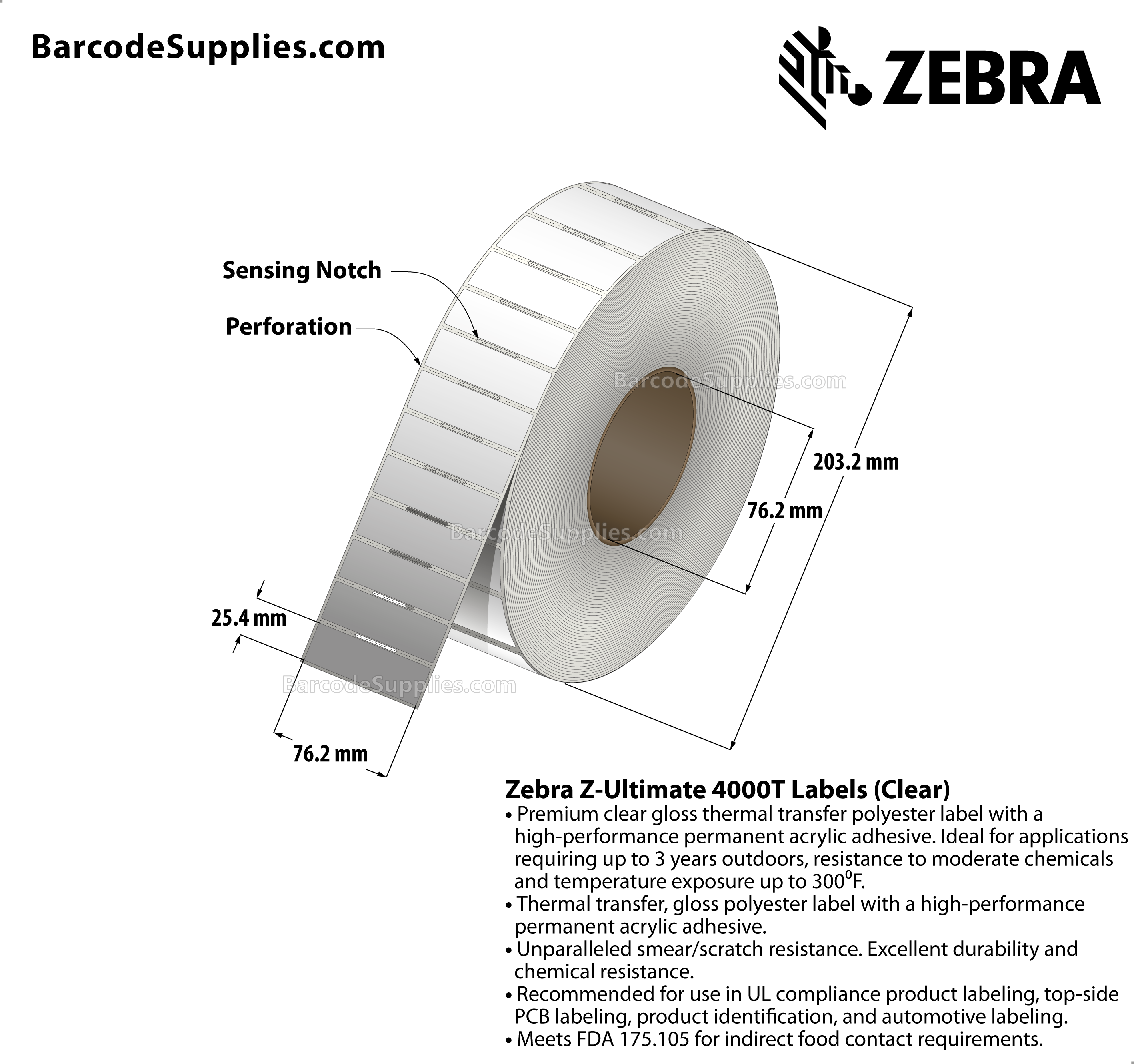 3 x 1 Thermal Transfer Clear Z-Ultimate 4000T Clear Labels With Permanent Adhesive - Notch sensing - Perforated - 3000 Labels Per Roll - Carton Of 1 Rolls - 3000 Labels Total - MPN: 10023047