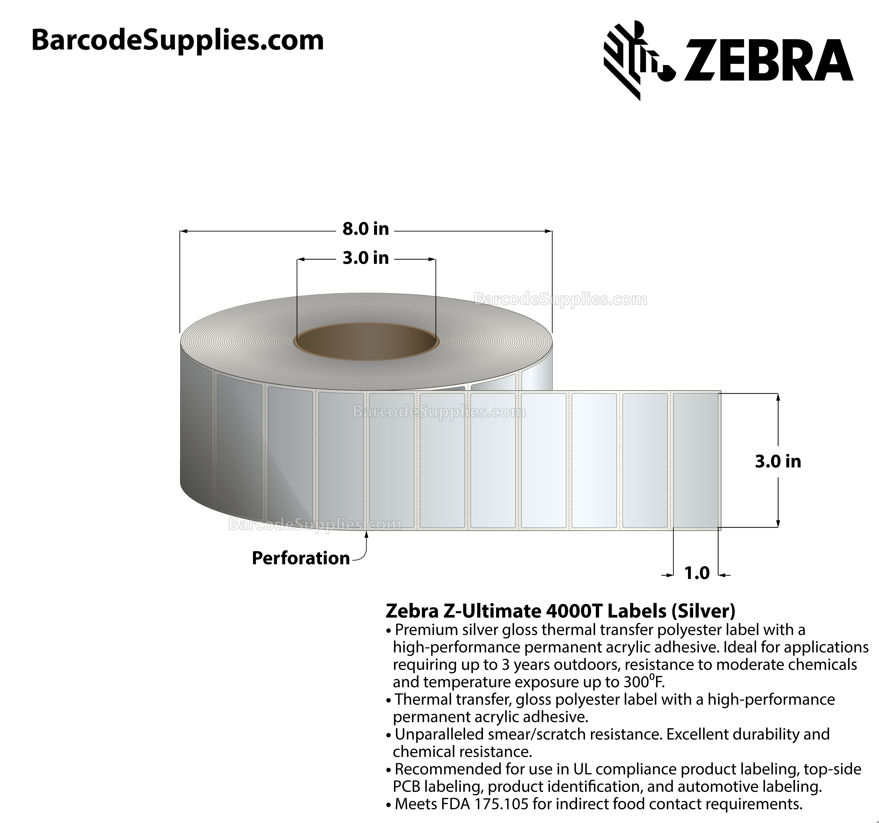 3 x 1 Thermal Transfer Silver Z-Ultimate 4000T Silver Labels With Permanent Adhesive - Perforated - 3000 Labels Per Roll - Carton Of 1 Rolls - 3000 Labels Total - MPN: 10023157