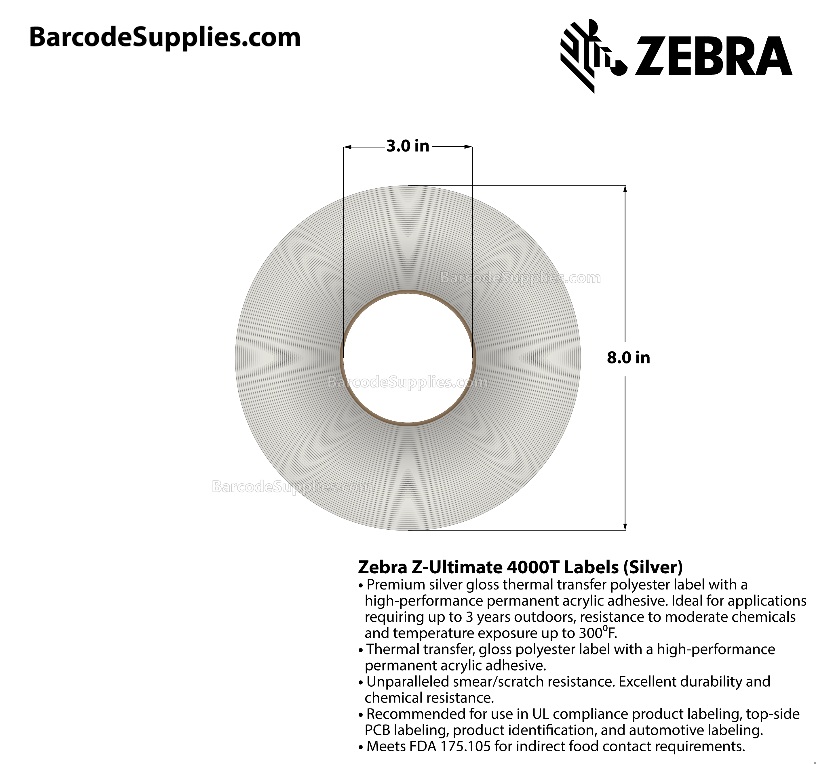 3 x 1 Thermal Transfer Silver Z-Ultimate 4000T Silver Labels With Permanent Adhesive - Perforated - 3000 Labels Per Roll - Carton Of 1 Rolls - 3000 Labels Total - MPN: 10023157