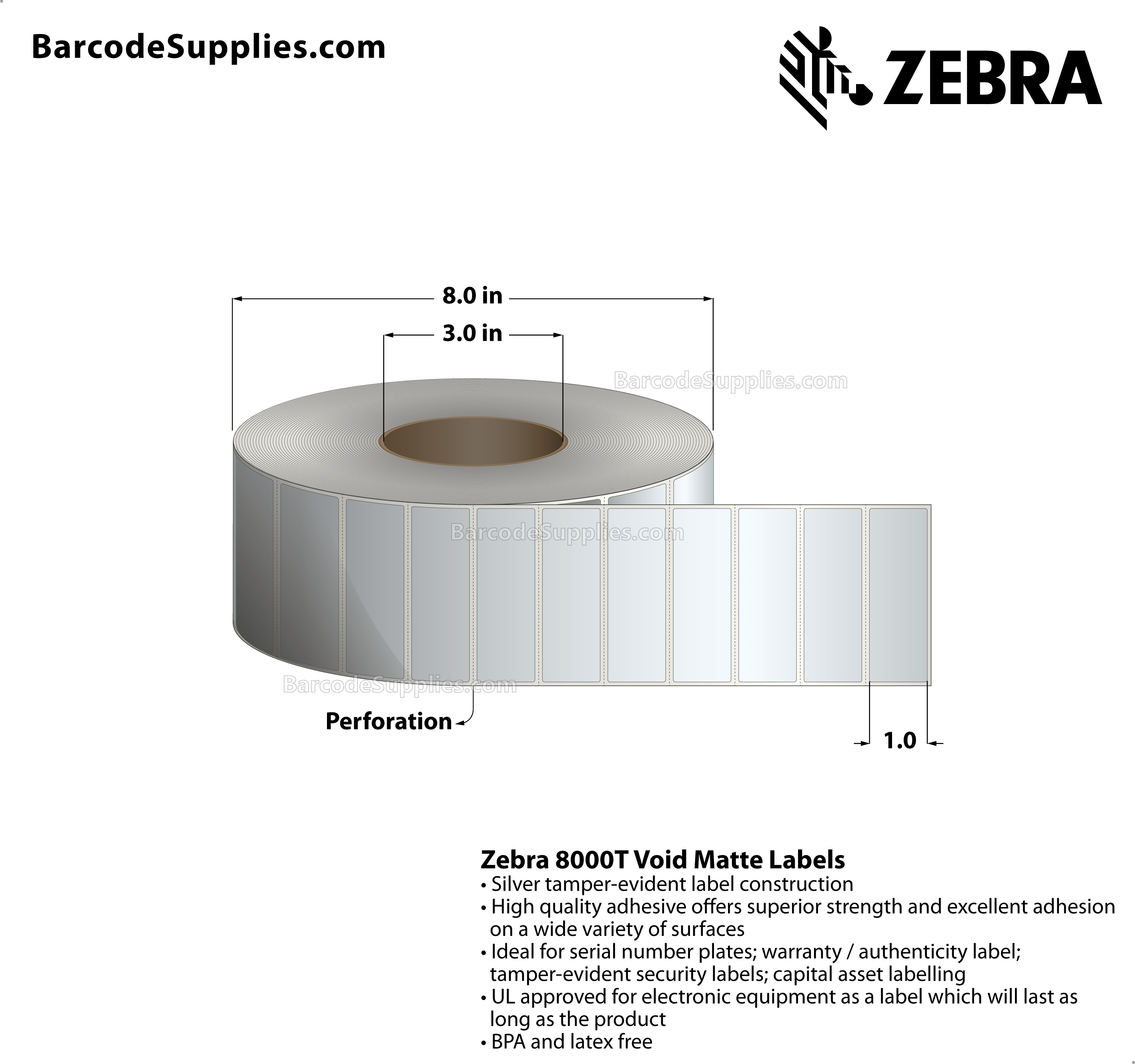 3 x 1 Thermal Transfer Silver 8000T Void Matte Silver Labels With Tamper-evident Adhesive - Perforated - 3000 Labels Per Roll - Carton Of 1 Rolls - 3000 Labels Total - MPN: 10022915