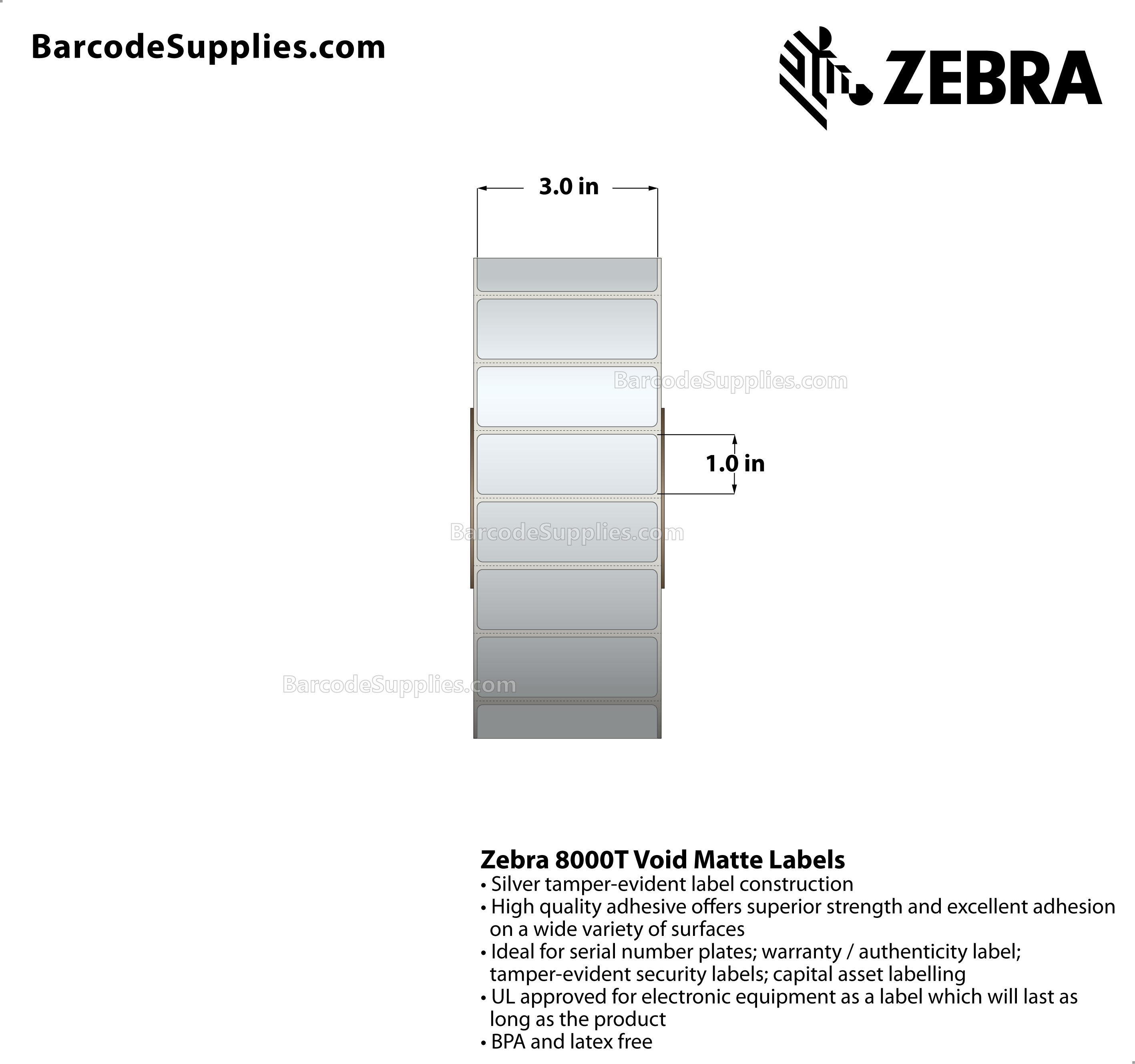 3 x 1 Thermal Transfer Silver 8000T Void Matte Silver Labels With Tamper-evident Adhesive - Perforated - 3000 Labels Per Roll - Carton Of 1 Rolls - 3000 Labels Total - MPN: 10022915