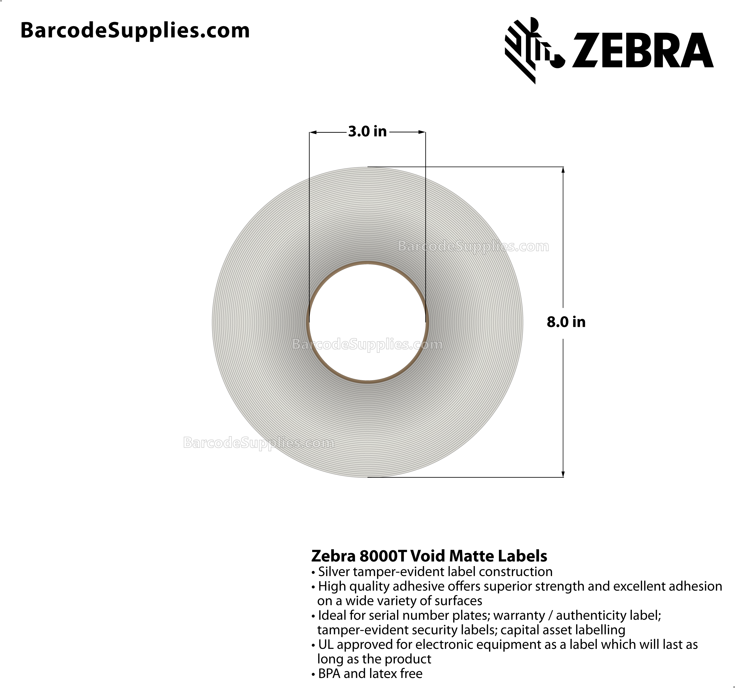 3 x 1 Thermal Transfer Silver 8000T Void Matte Silver Labels With Tamper-evident Adhesive - Perforated - 3000 Labels Per Roll - Carton Of 1 Rolls - 3000 Labels Total - MPN: 10022915