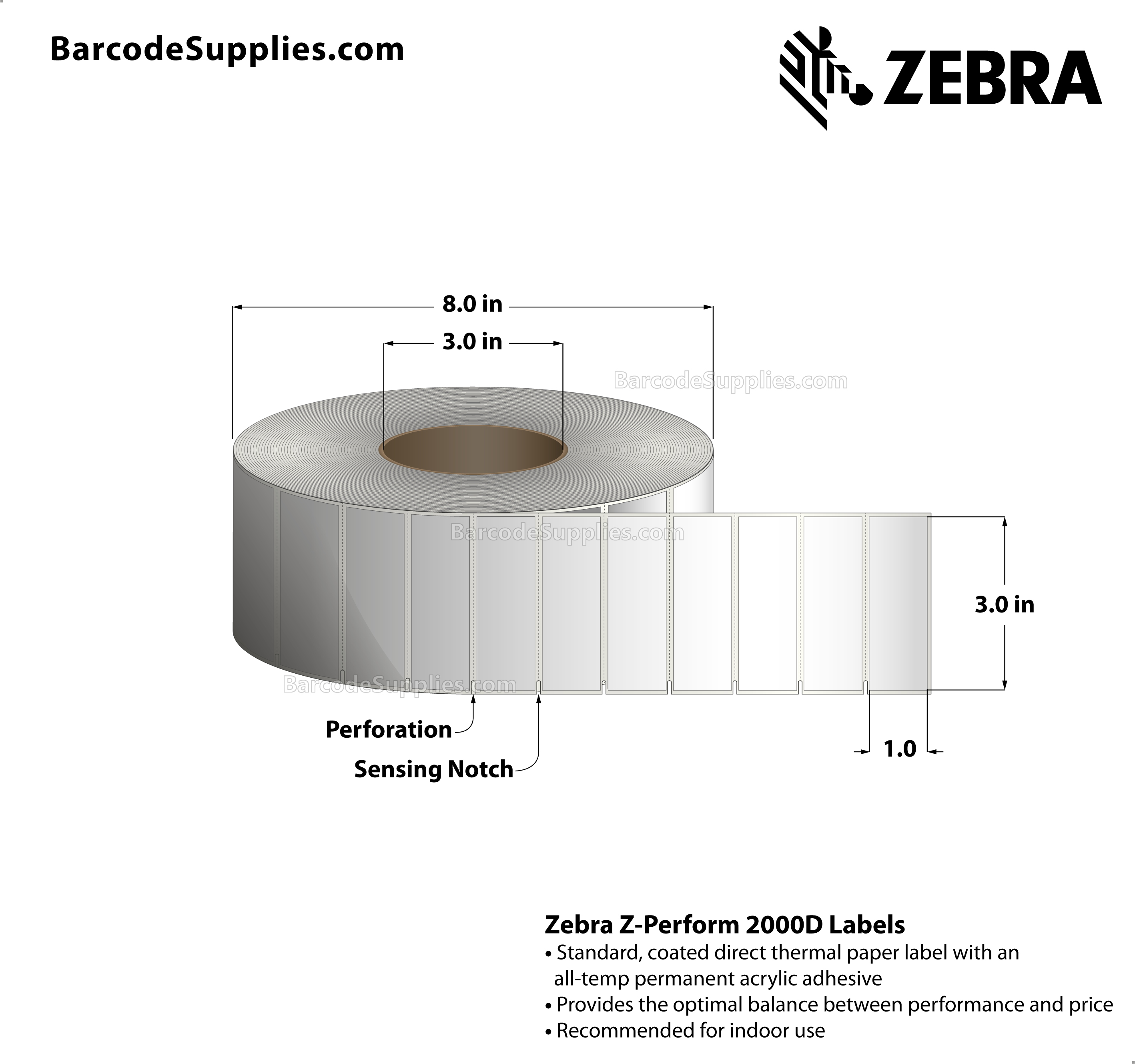 3 x 1 Direct Thermal White Z-Perform 2000D Labels With Permanent Adhesive - Label has square edges and side sensing notches on left side. - Perforated - 5000 Labels Per Roll - Carton Of 2 Rolls - 10000 Labels Total - MPN: 10025363
