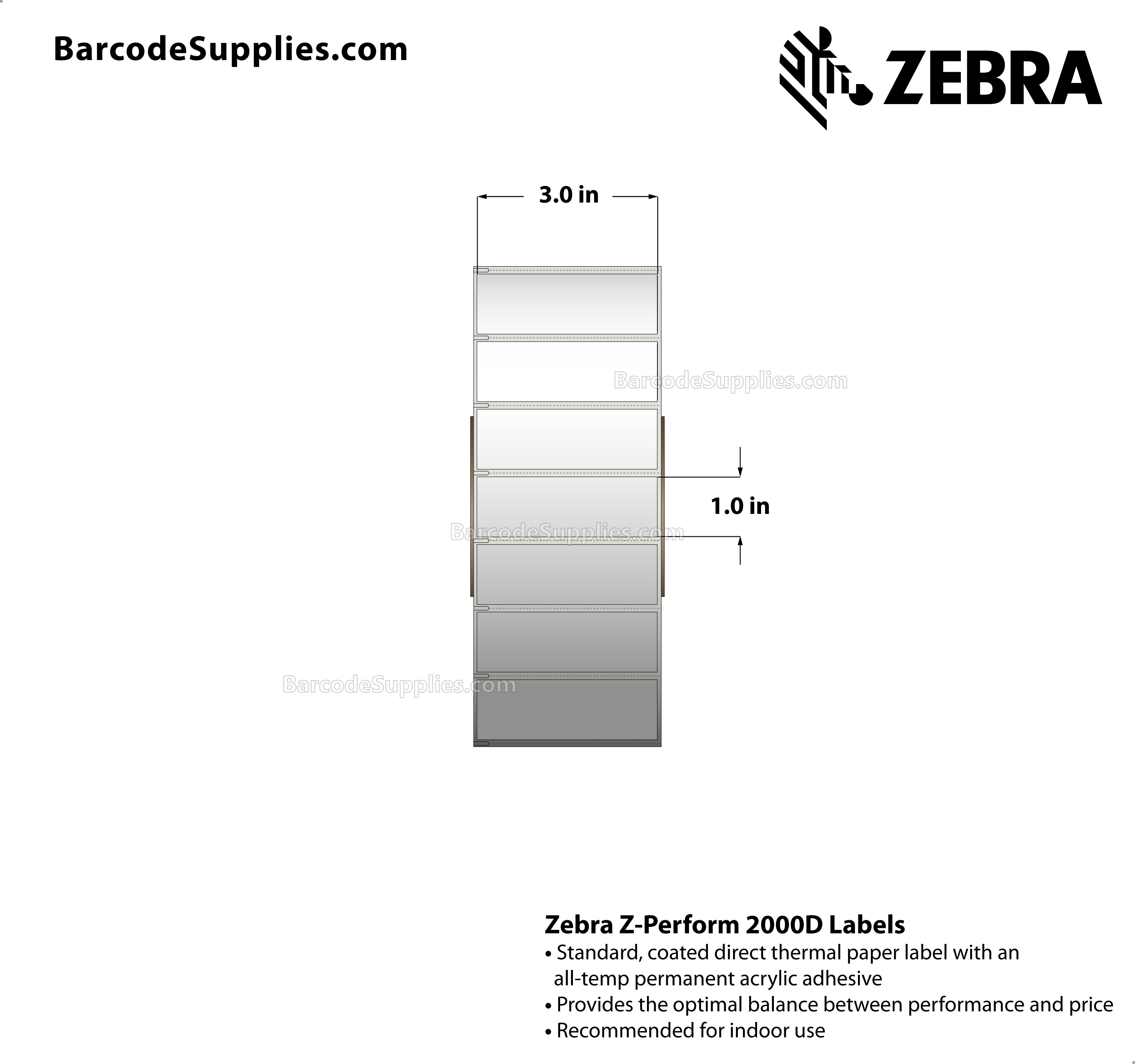 3 x 1 Direct Thermal White Z-Perform 2000D Labels With Permanent Adhesive - Label has square edges and side sensing notches on left side. - Perforated - 5000 Labels Per Roll - Carton Of 2 Rolls - 10000 Labels Total - MPN: 10025363