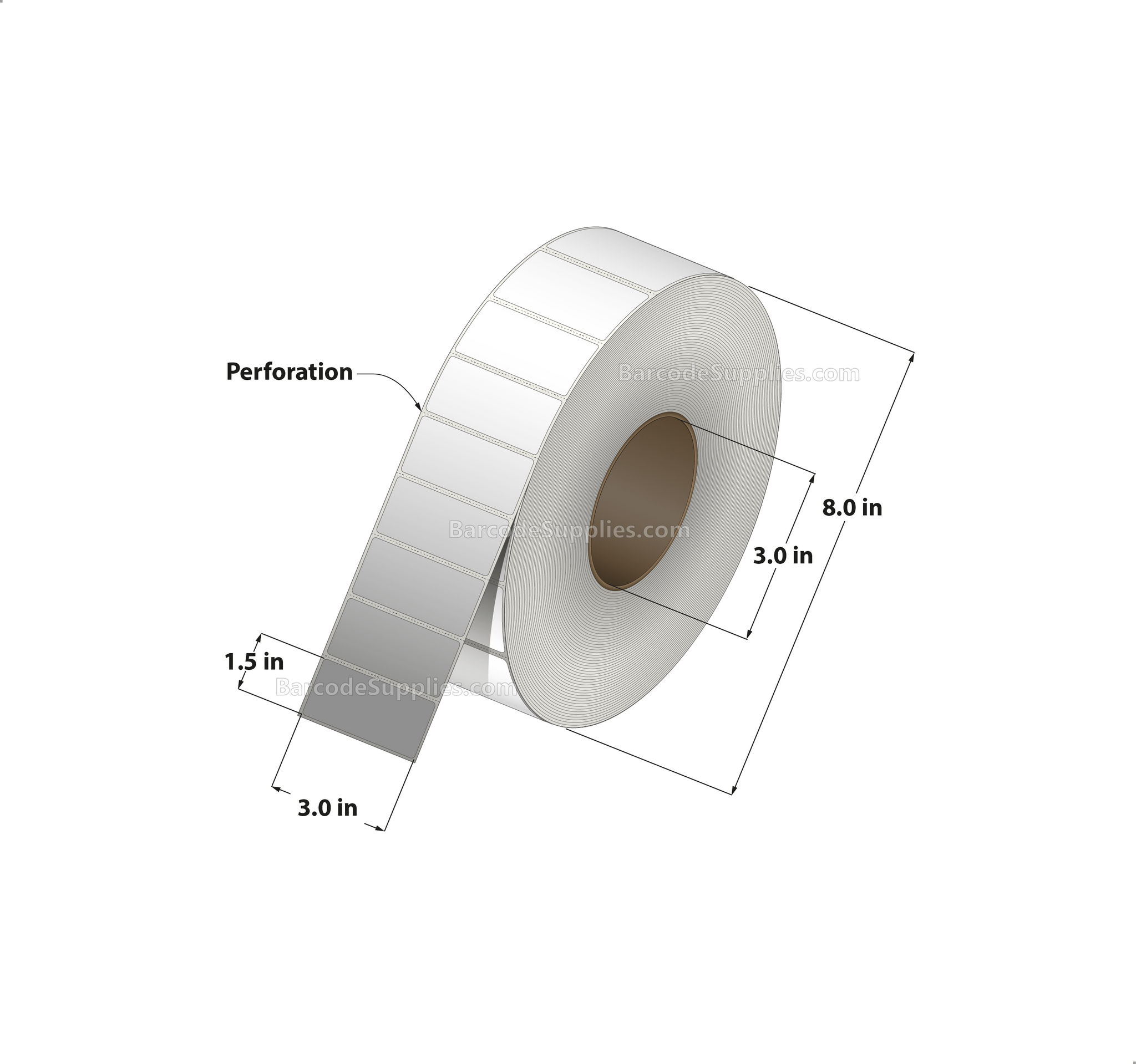 3 x 1.5 Direct Thermal White Labels With Acrylic Adhesive - Perforated - 3600 Labels Per Roll - Carton Of 8 Rolls - 28800 Labels Total - MPN: RD-3-15-3600-3 - BarcodeSource, Inc.