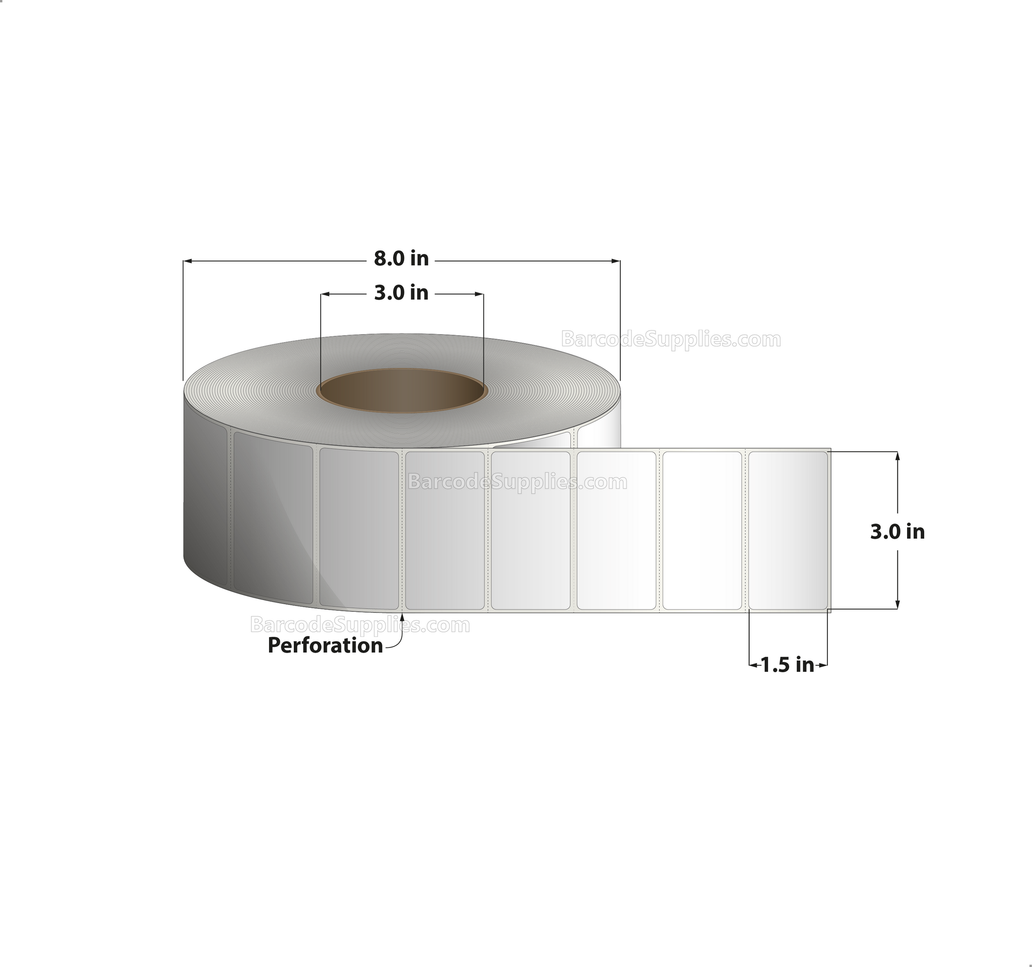 3 x 1.5 Thermal Transfer White Labels With Permanent Adhesive - Perforated - 3600 Labels Per Roll - Carton Of 8 Rolls - 28800 Labels Total - MPN: RT-3-15-3600-3