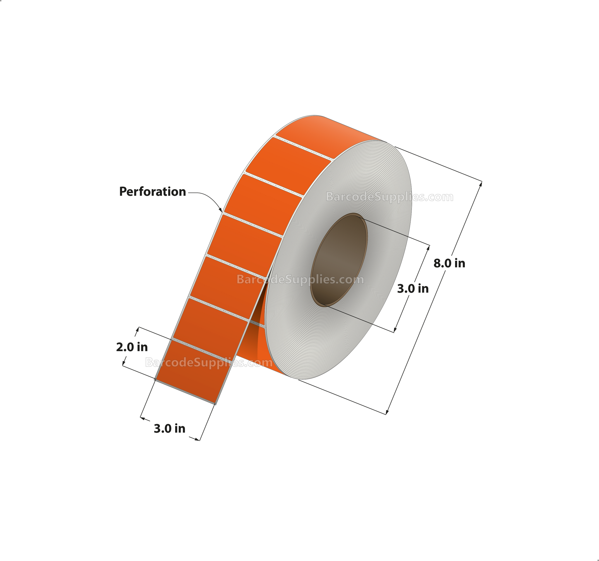 3 x 2 Thermal Transfer 1495 Orange Labels With Permanent Adhesive - Perforated - 2900 Labels Per Roll - Carton Of 8 Rolls - 23200 Labels Total - MPN: RFC-3-2-2900-OR