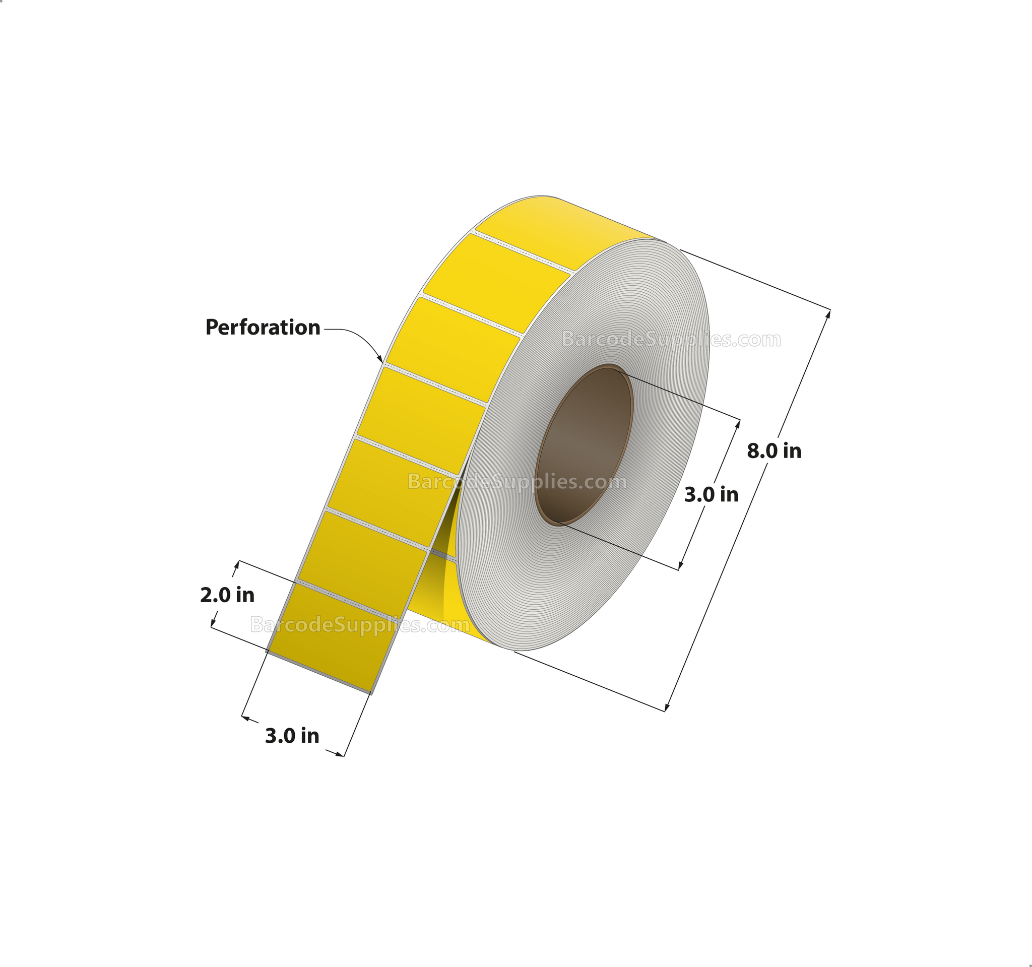 3 x 2 Thermal Transfer Pantone Yellow Labels With Permanent Adhesive - Perforated - 2900 Labels Per Roll - Carton Of 8 Rolls - 23200 Labels Total - MPN: RFC-3-2-2900-YL