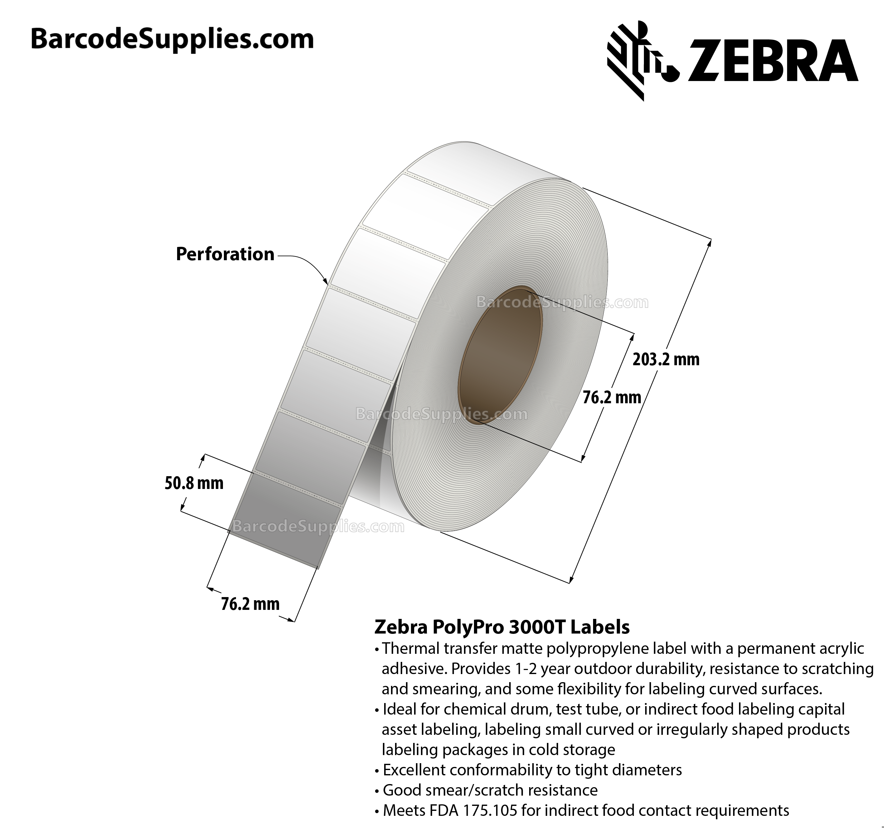 3 x 2 Thermal Transfer White PolyPro 3000T Labels With Permanent Adhesive - Perforated - 2440 Labels Per Roll - Carton Of 4 Rolls - 9760 Labels Total - MPN: 10011991