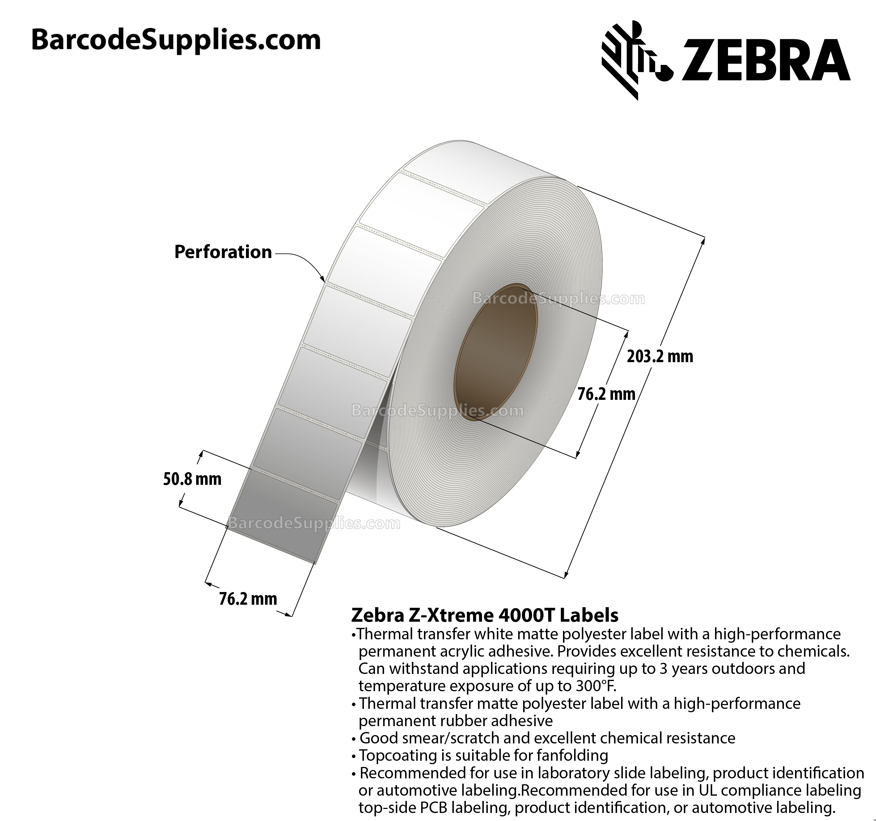 3 x 2 Thermal Transfer White Z-Xtreme 4000T White Labels With Permanent Adhesive - Perforated - 1000 Labels Per Roll - Carton Of 1 Rolls - 1000 Labels Total - MPN: 10023165