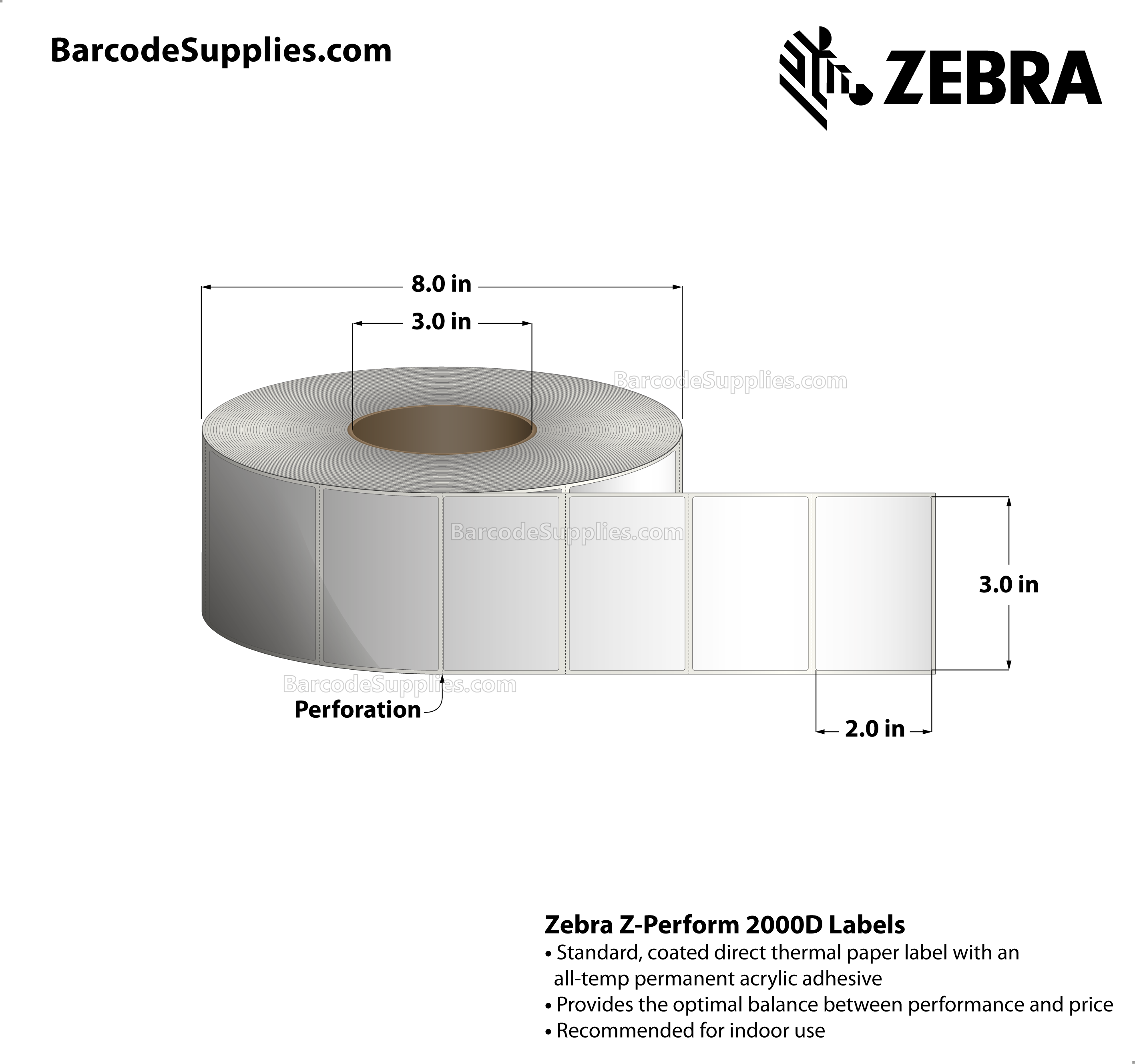 3 x 2 Direct Thermal White Z-Perform 2000D Labels With All-Temp Adhesive - Perforated - 2750 Labels Per Roll - Carton Of 6 Rolls - 16500 Labels Total - MPN: 10000295