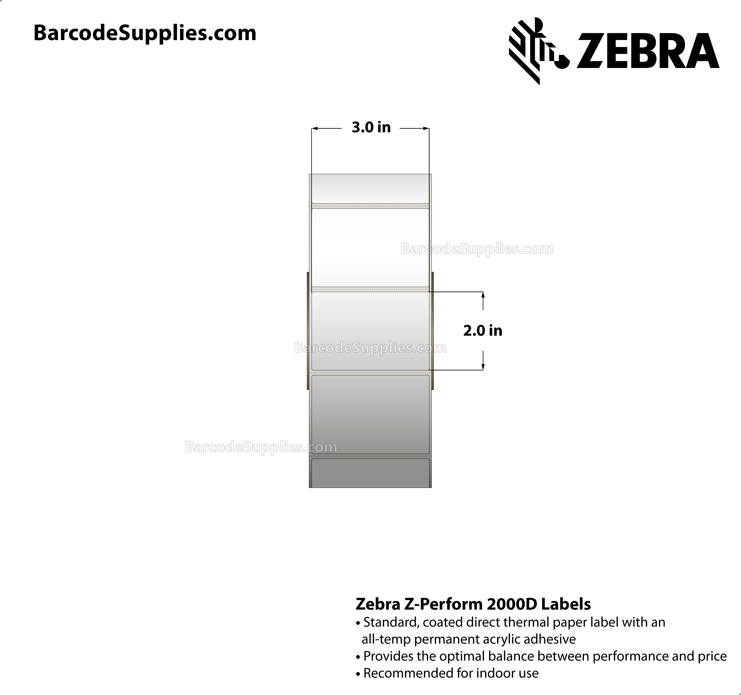 3 x 2 Direct Thermal White Z-Perform 2000D Labels With All-Temp Adhesive - Perforated - 2750 Labels Per Roll - Carton Of 6 Rolls - 16500 Labels Total - MPN: 10000295