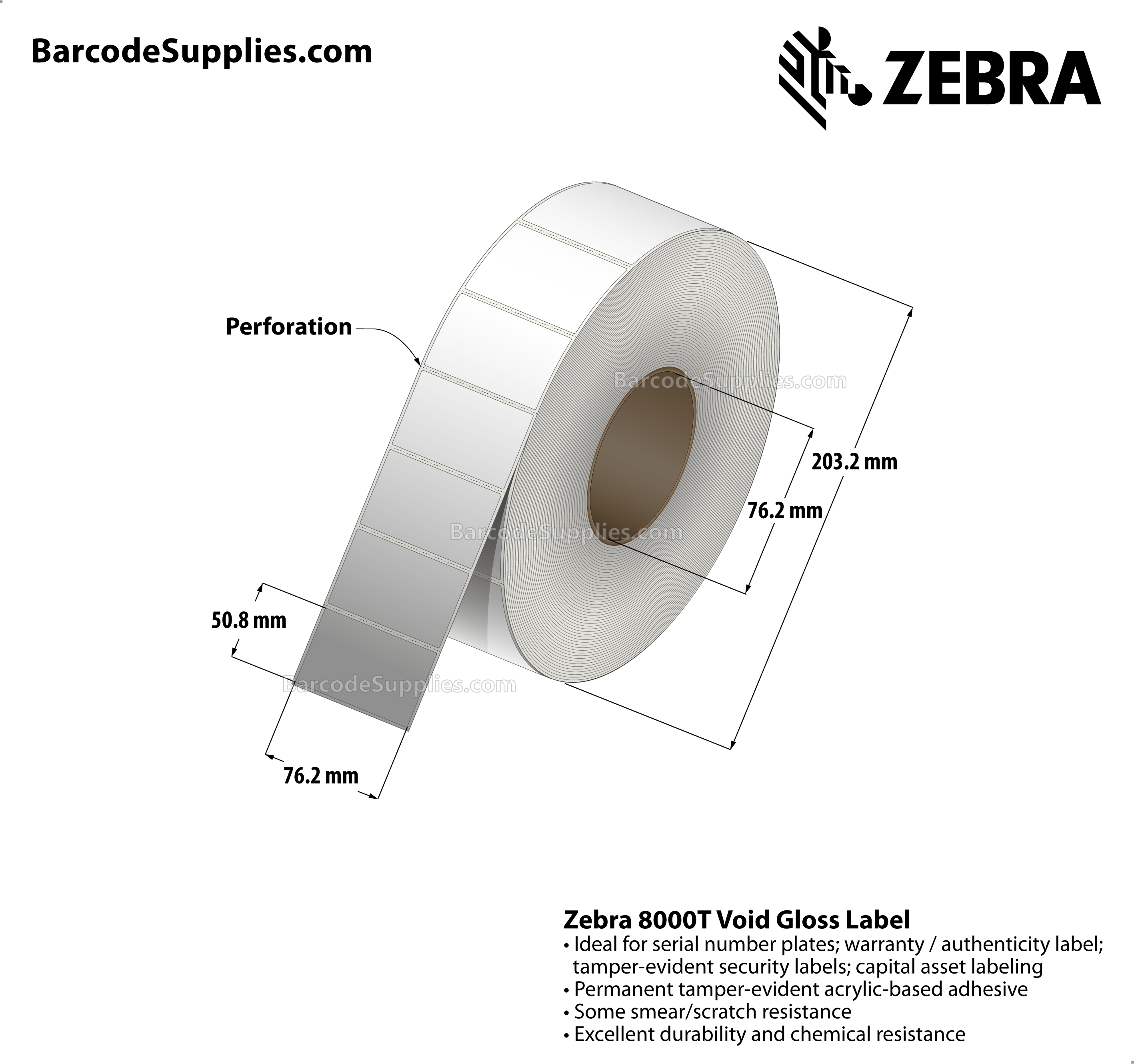 3 x 2 Thermal Transfer White 8000T Void Gloss Labels With Tamper-evident Adhesive - Perforated - 1000 Labels Per Roll - Carton Of 1 Rolls - 1000 Labels Total - MPN: 10023261
