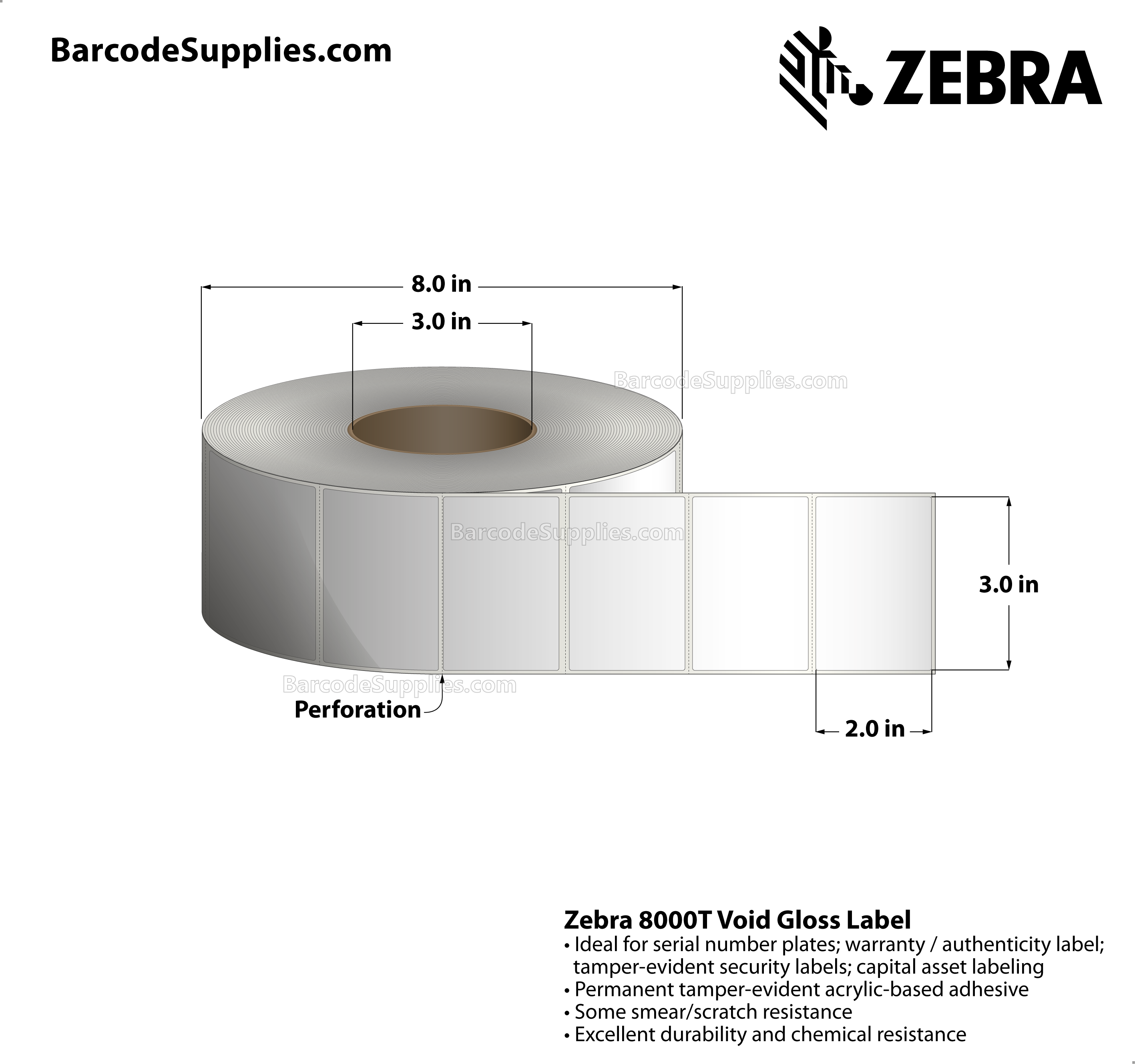 3 x 2 Thermal Transfer White 8000T Void Gloss Labels With Tamper-evident Adhesive - Perforated - 1000 Labels Per Roll - Carton Of 1 Rolls - 1000 Labels Total - MPN: 10023261