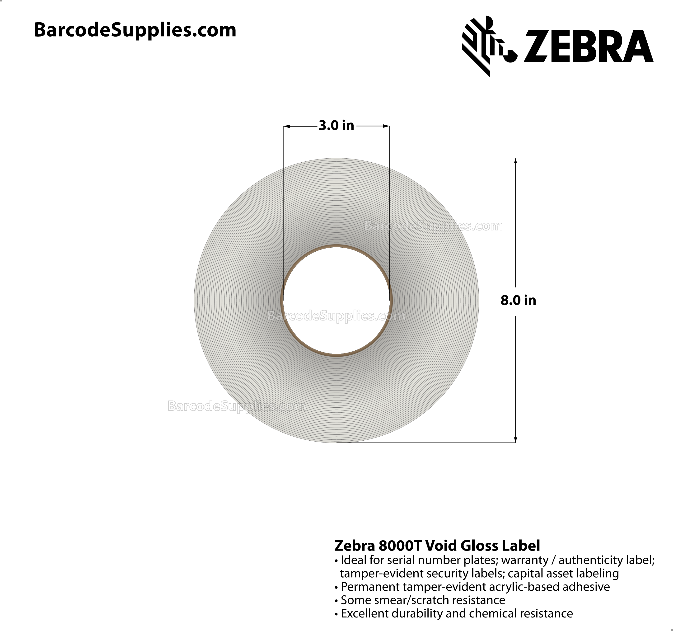 3 x 2 Thermal Transfer White 8000T Void Gloss Labels With Tamper-evident Adhesive - Perforated - 1000 Labels Per Roll - Carton Of 1 Rolls - 1000 Labels Total - MPN: 10023261