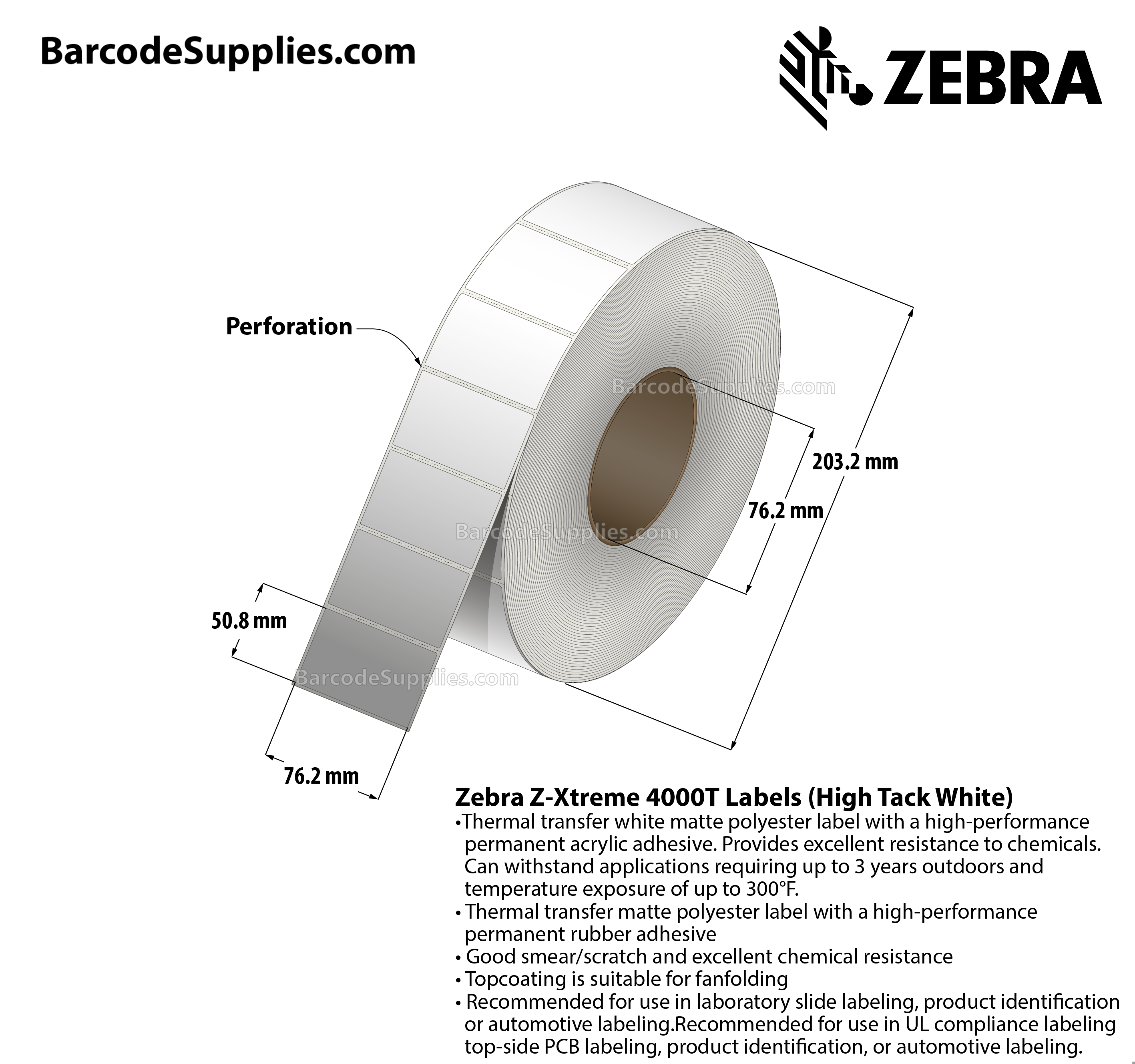 3 x 2 Thermal Transfer White Z-Xtreme 4000T High-Tack White Labels With High-tack Adhesive - Perforated - 1000 Labels Per Roll - Carton Of 1 Rolls - 1000 Labels Total - MPN: 10023230