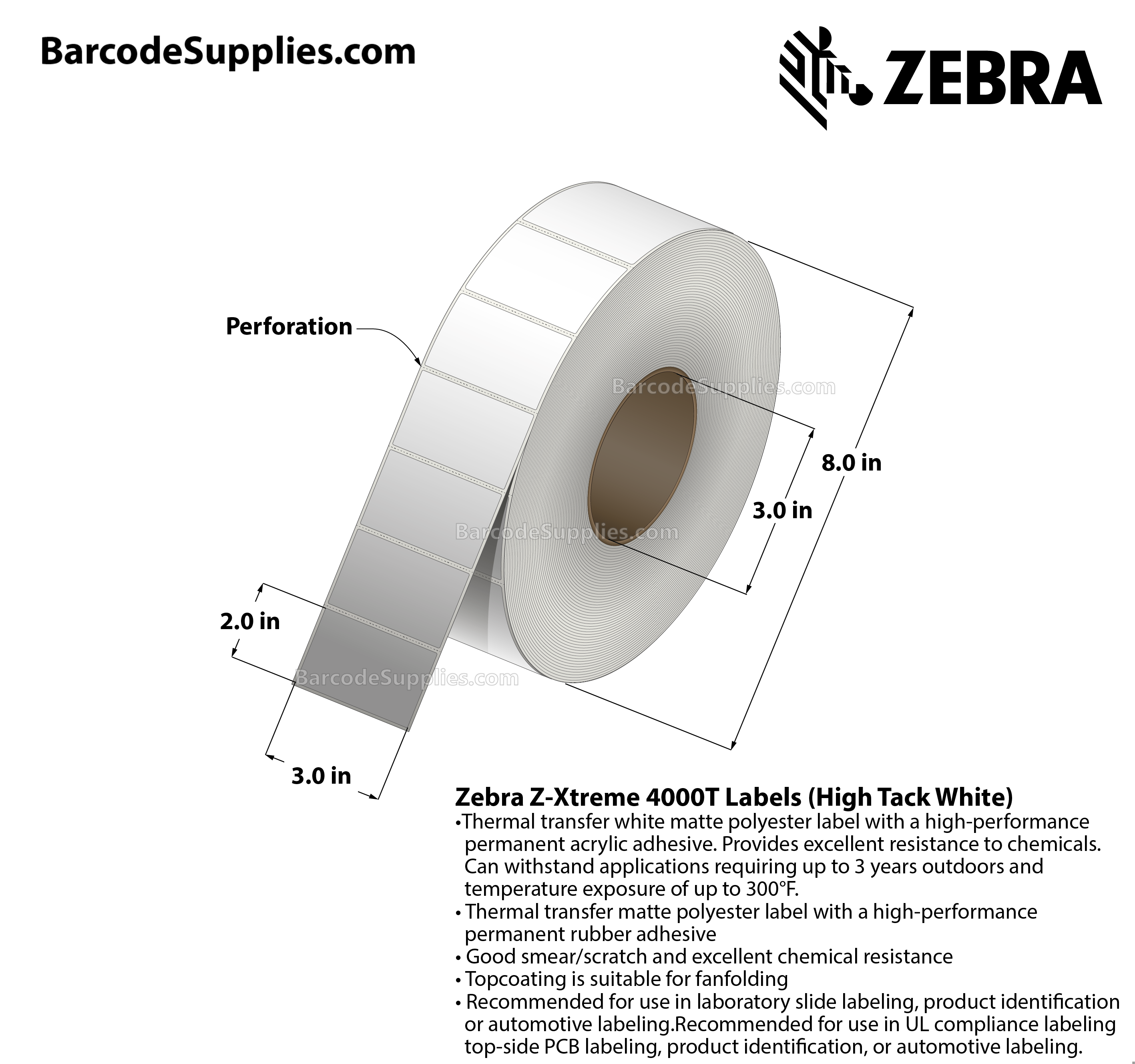3 x 2 Thermal Transfer White Z-Xtreme 4000T High-Tack White Labels With High-tack Adhesive - Perforated - 1000 Labels Per Roll - Carton Of 1 Rolls - 1000 Labels Total - MPN: 10023230