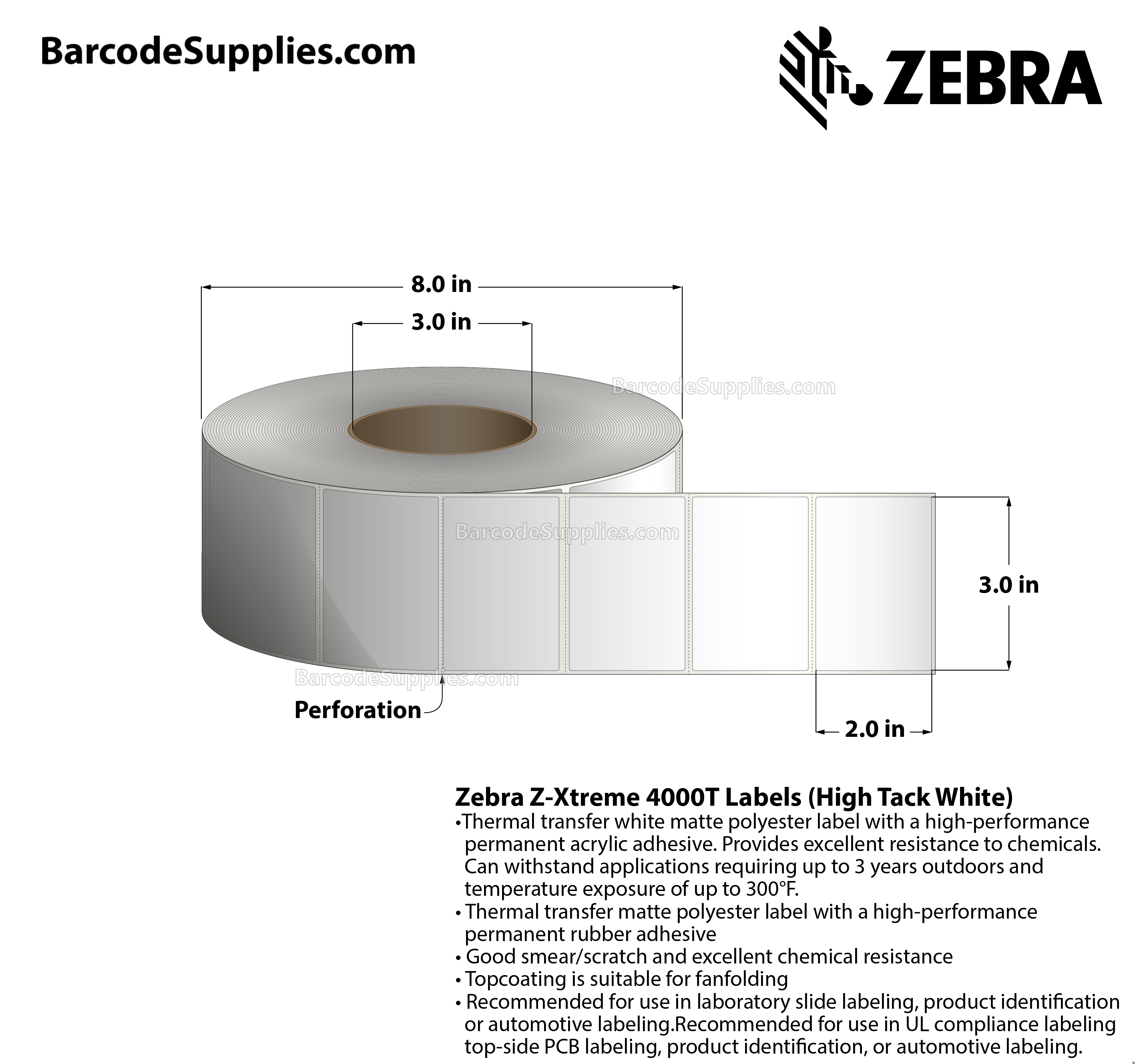 3 x 2 Thermal Transfer White Z-Xtreme 4000T High-Tack White Labels With High-tack Adhesive - Perforated - 1000 Labels Per Roll - Carton Of 1 Rolls - 1000 Labels Total - MPN: 10023230