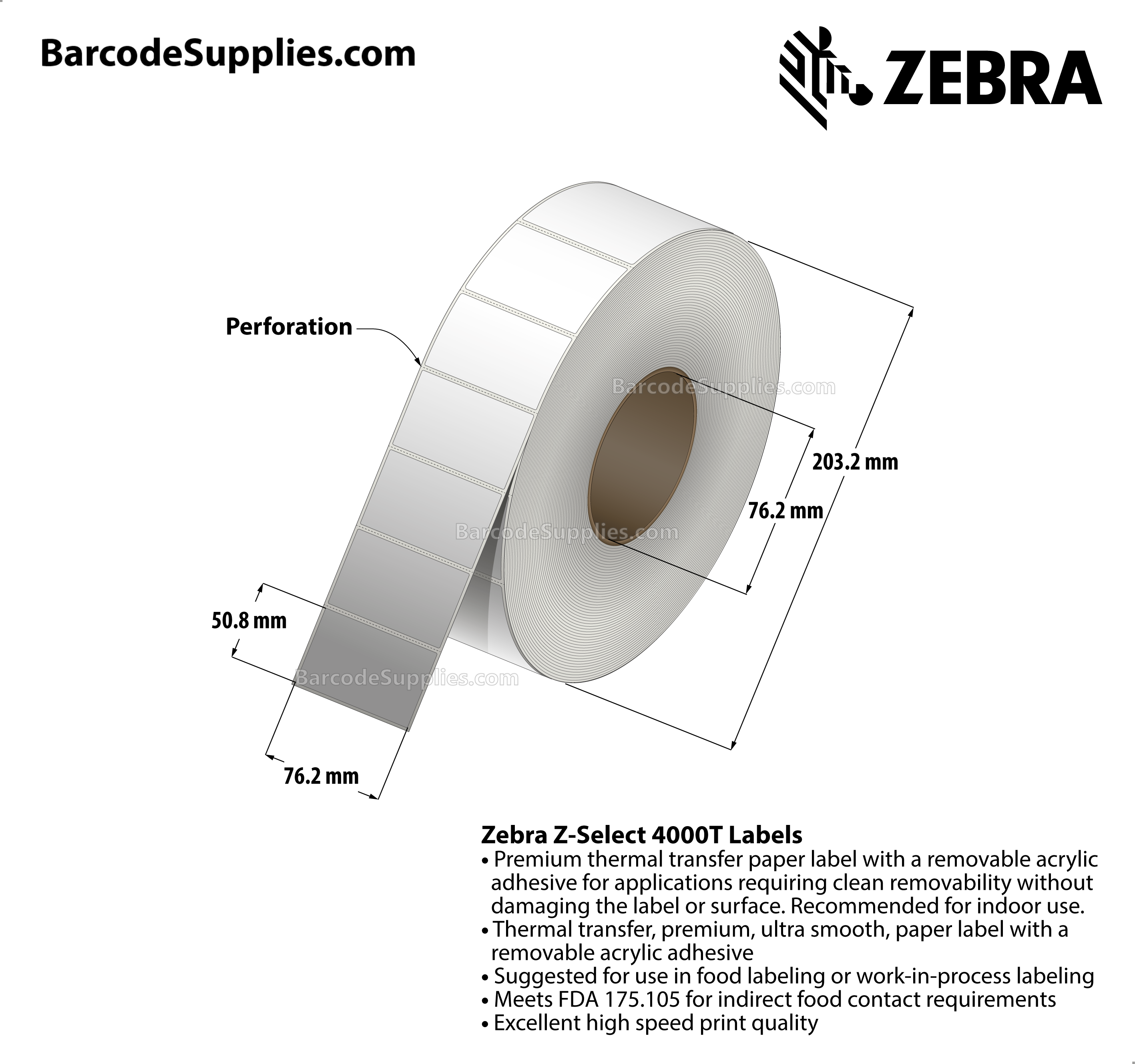 3 x 2 Thermal Transfer White Z-Select 4000T Removable Labels With Removable Adhesive - Perforated - 1000 Labels Per Roll - Carton Of 4 Rolls - 4000 Labels Total - MPN: 10022946