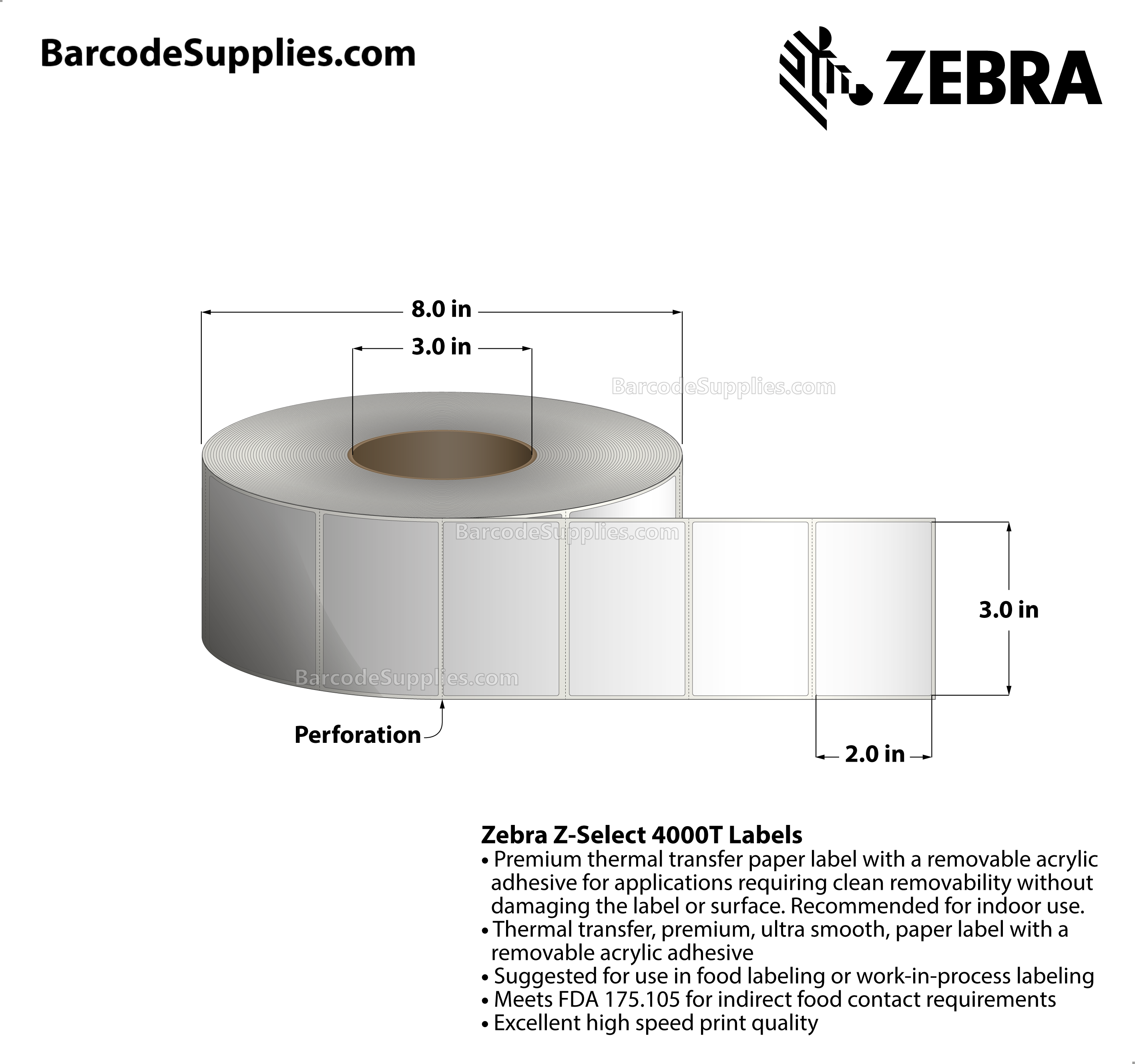 3 x 2 Thermal Transfer White Z-Select 4000T Removable Labels With Removable Adhesive - Perforated - 1000 Labels Per Roll - Carton Of 4 Rolls - 4000 Labels Total - MPN: 10022946