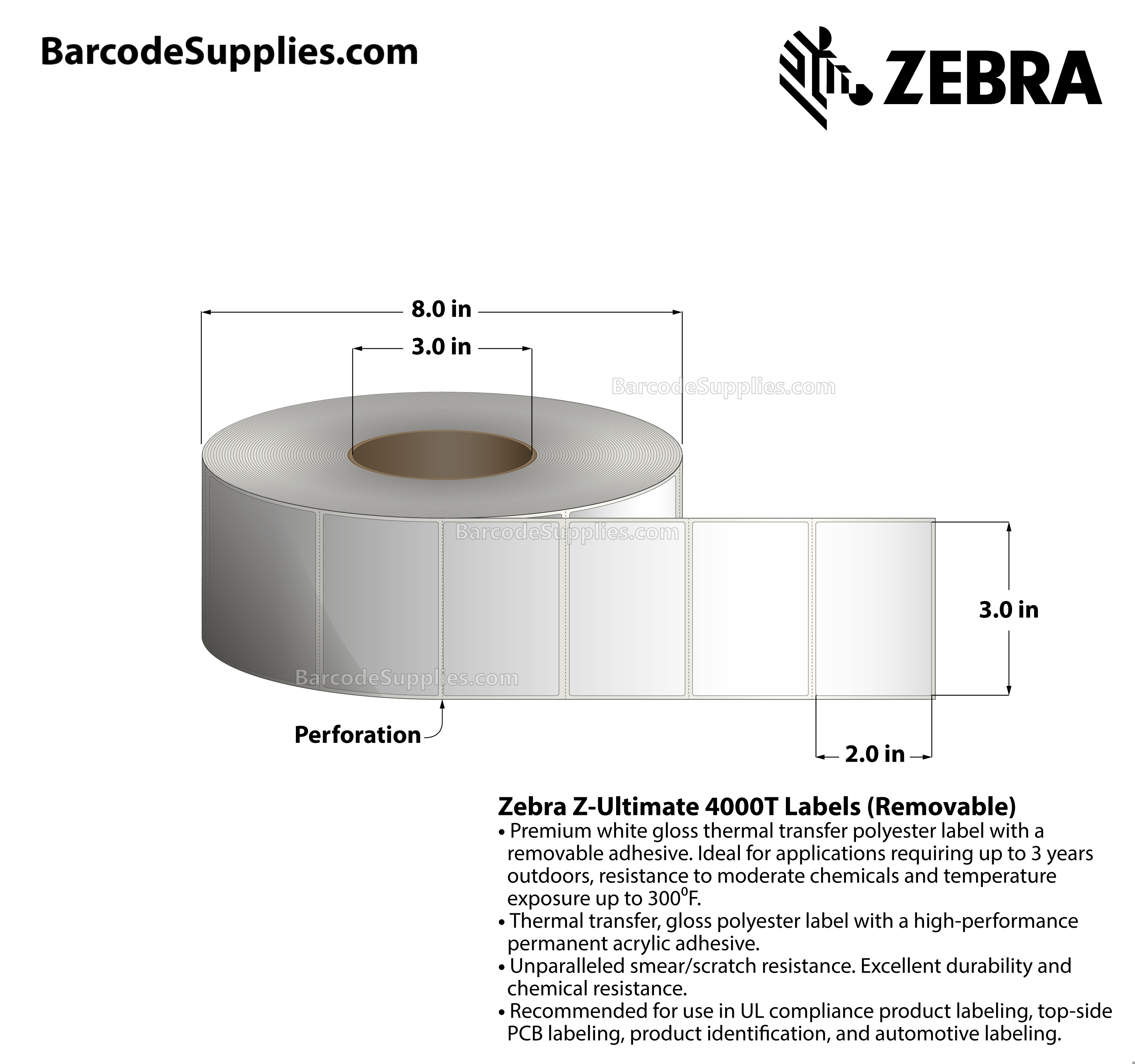 3 x 2 Thermal Transfer White Z-Ultimate 4000T Removable Labels With Removable Adhesive - Perforated - 1000 Labels Per Roll - Carton Of 1 Rolls - 1000 Labels Total - MPN: 10023151