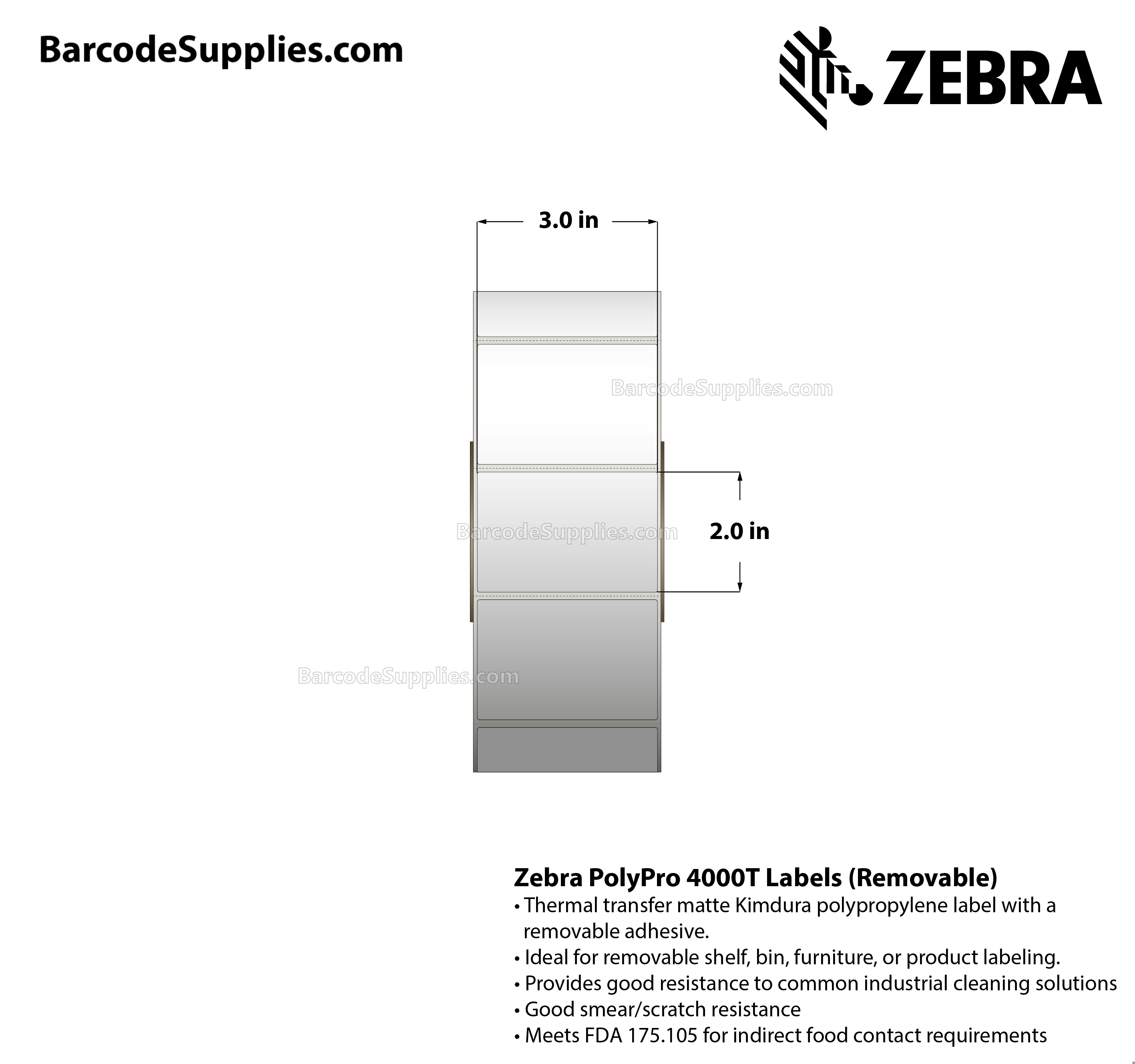 3 x 2 Thermal Transfer White PolyPro 4000T Removable Labels With Removable Adhesive - Perforated - 1000 Labels Per Roll - Carton Of 1 Rolls - 1000 Labels Total - MPN: 10022937