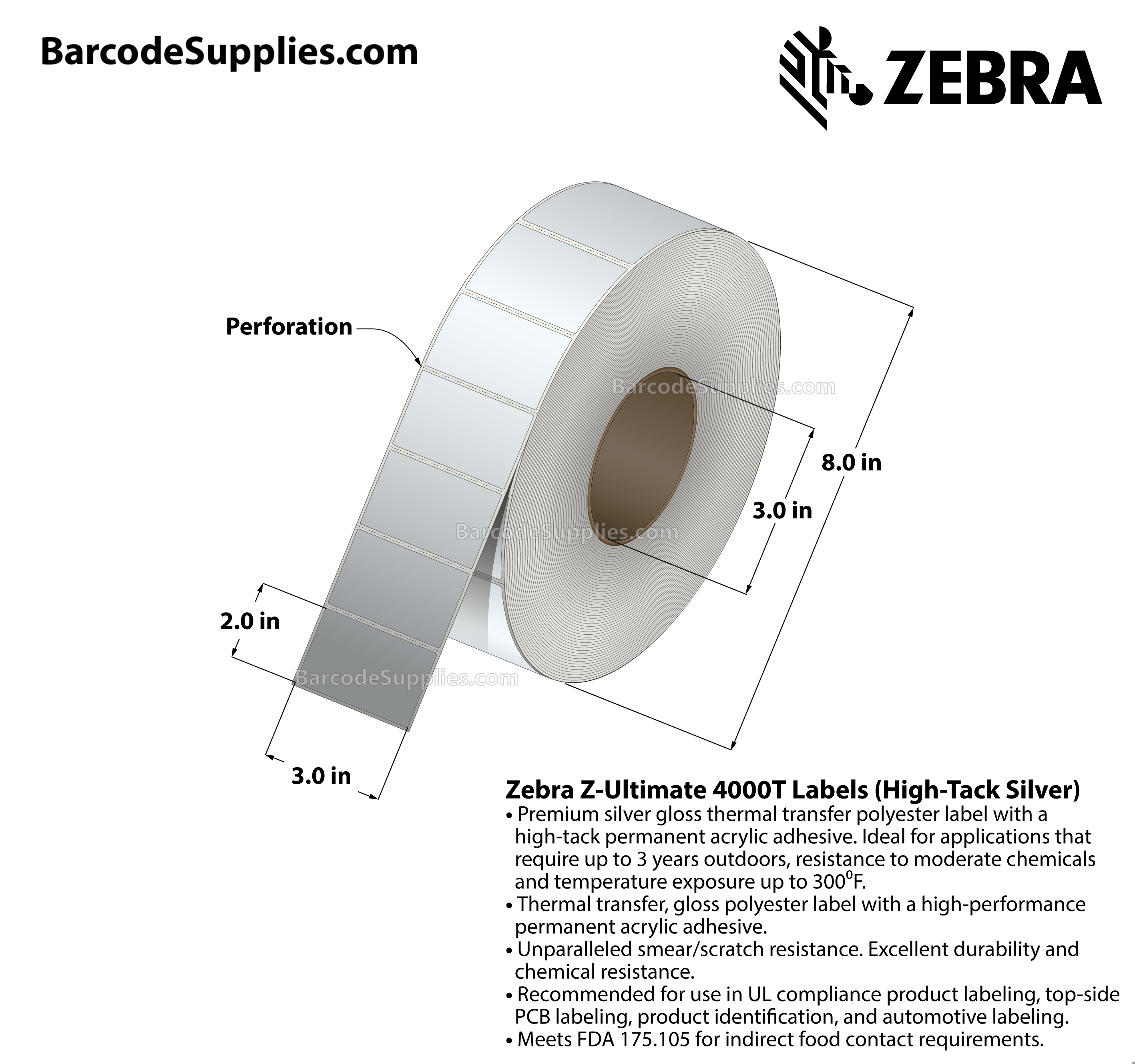3 x 2 Thermal Transfer Silver Z-Ultimate 4000T High-Tack Silver Labels With High-tack Adhesive - Perforated - 1000 Labels Per Roll - Carton Of 1 Rolls - 1000 Labels Total - MPN: 10023356