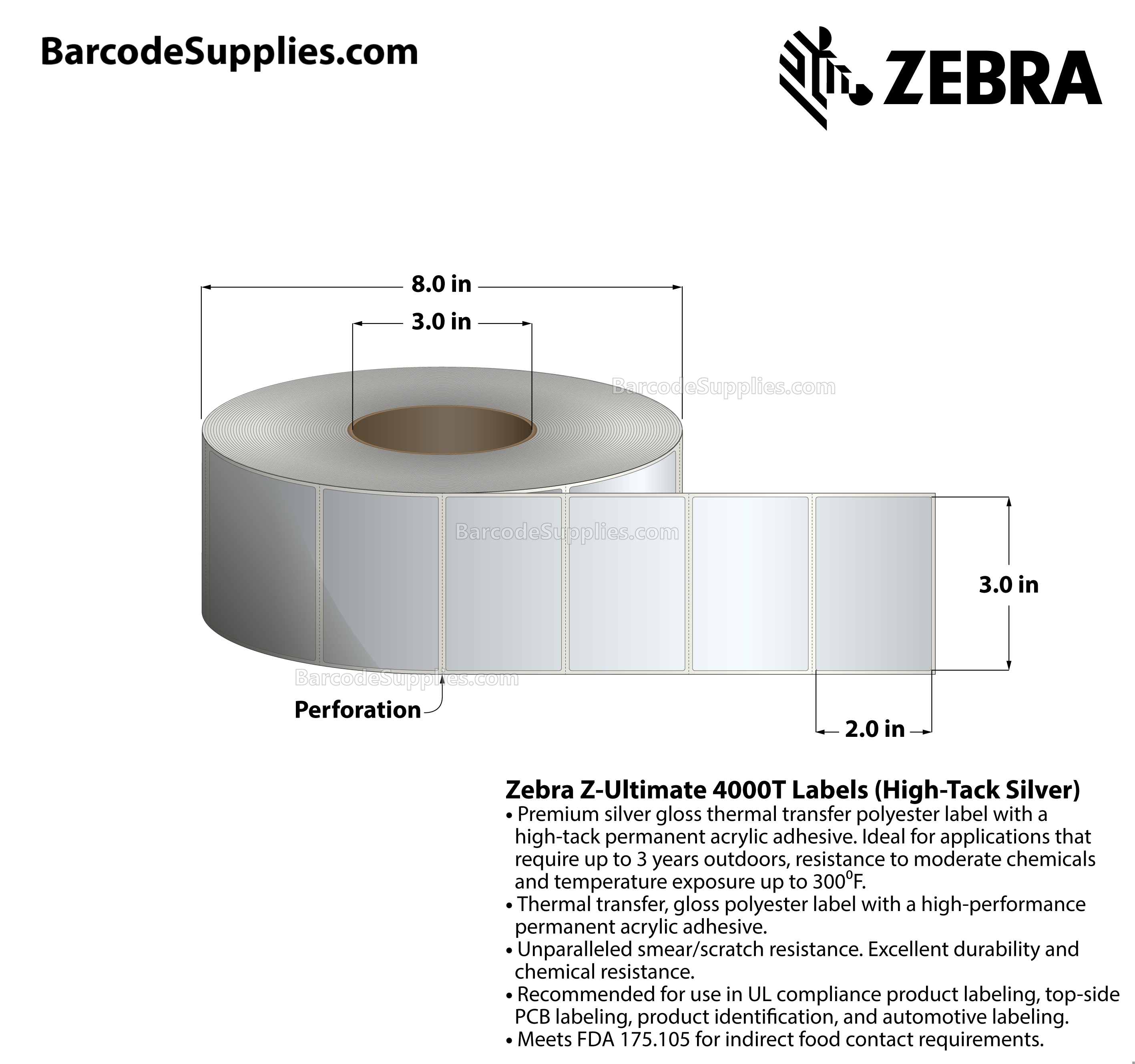 3 x 2 Thermal Transfer Silver Z-Ultimate 4000T High-Tack Silver Labels With High-tack Adhesive - Perforated - 1000 Labels Per Roll - Carton Of 1 Rolls - 1000 Labels Total - MPN: 10023356