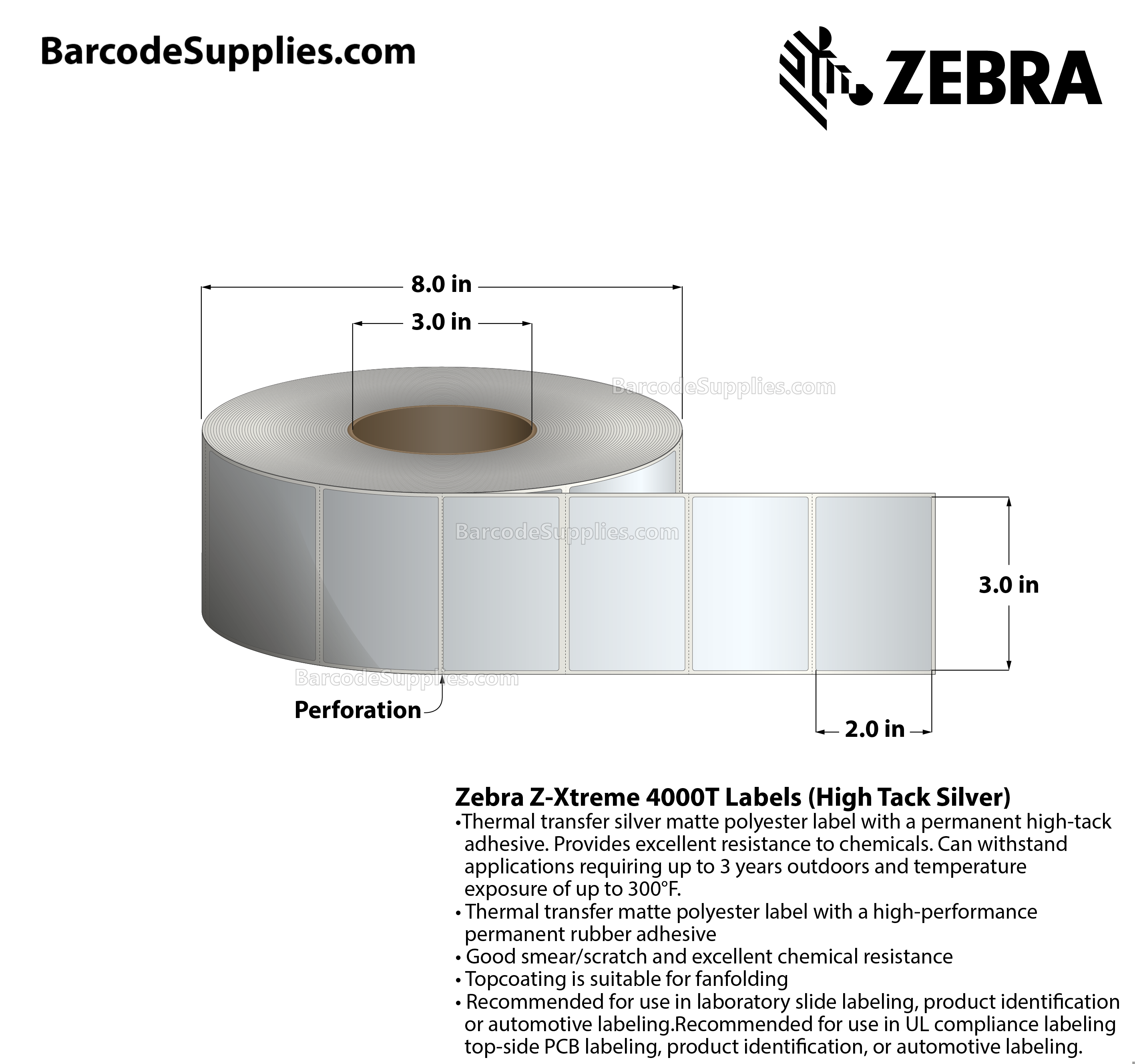 3 x 2 Thermal Transfer Silver Z-Xtreme 4000T High-Tack Silver Labels With High-tack Adhesive - Perforated - 1000 Labels Per Roll - Carton Of 1 Rolls - 1000 Labels Total - MPN: 10023180
