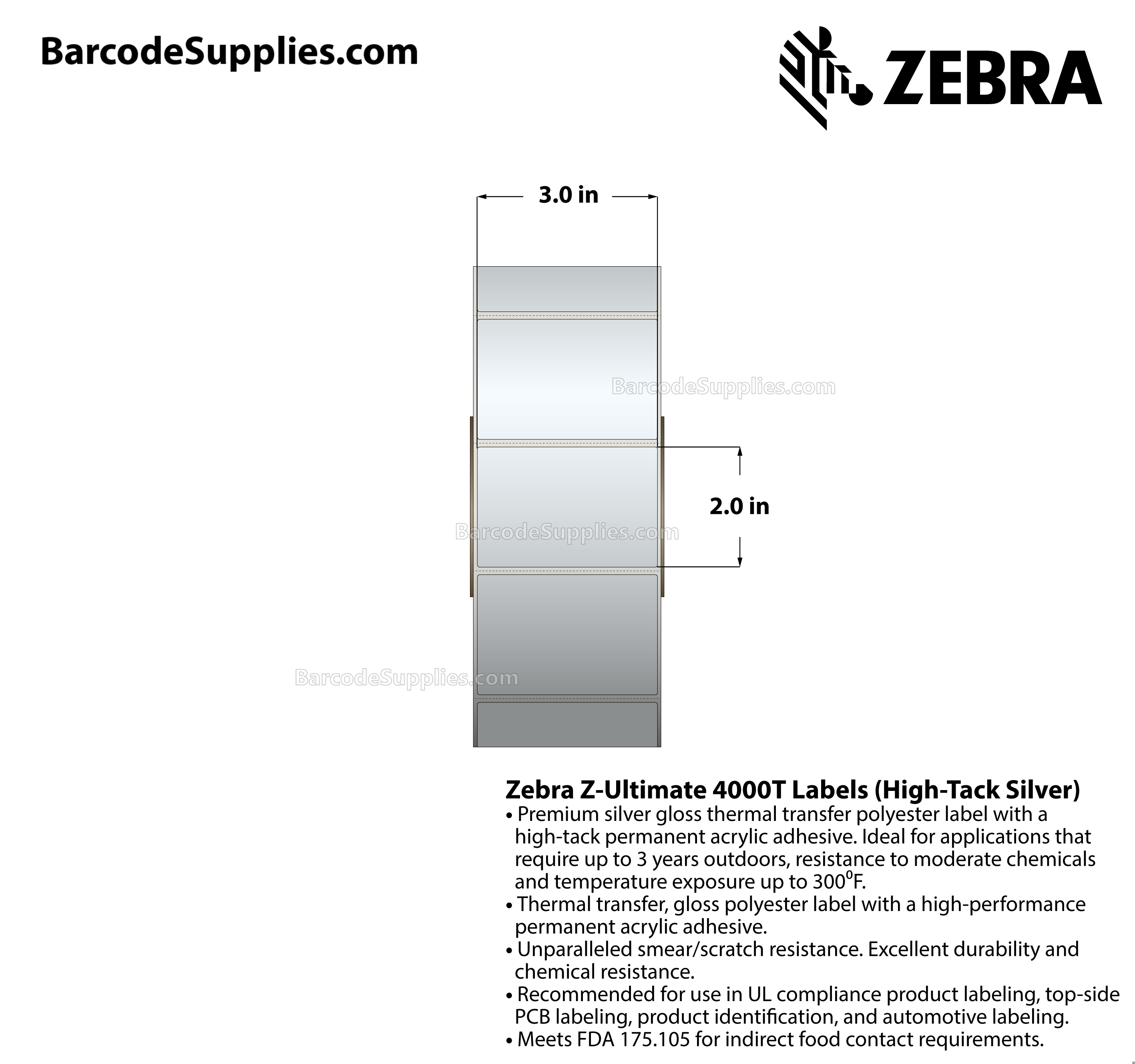 3 x 2 Thermal Transfer Silver Z-Ultimate 4000T High-Tack Silver Labels With High-tack Adhesive - Perforated - 1000 Labels Per Roll - Carton Of 1 Rolls - 1000 Labels Total - MPN: 10023356