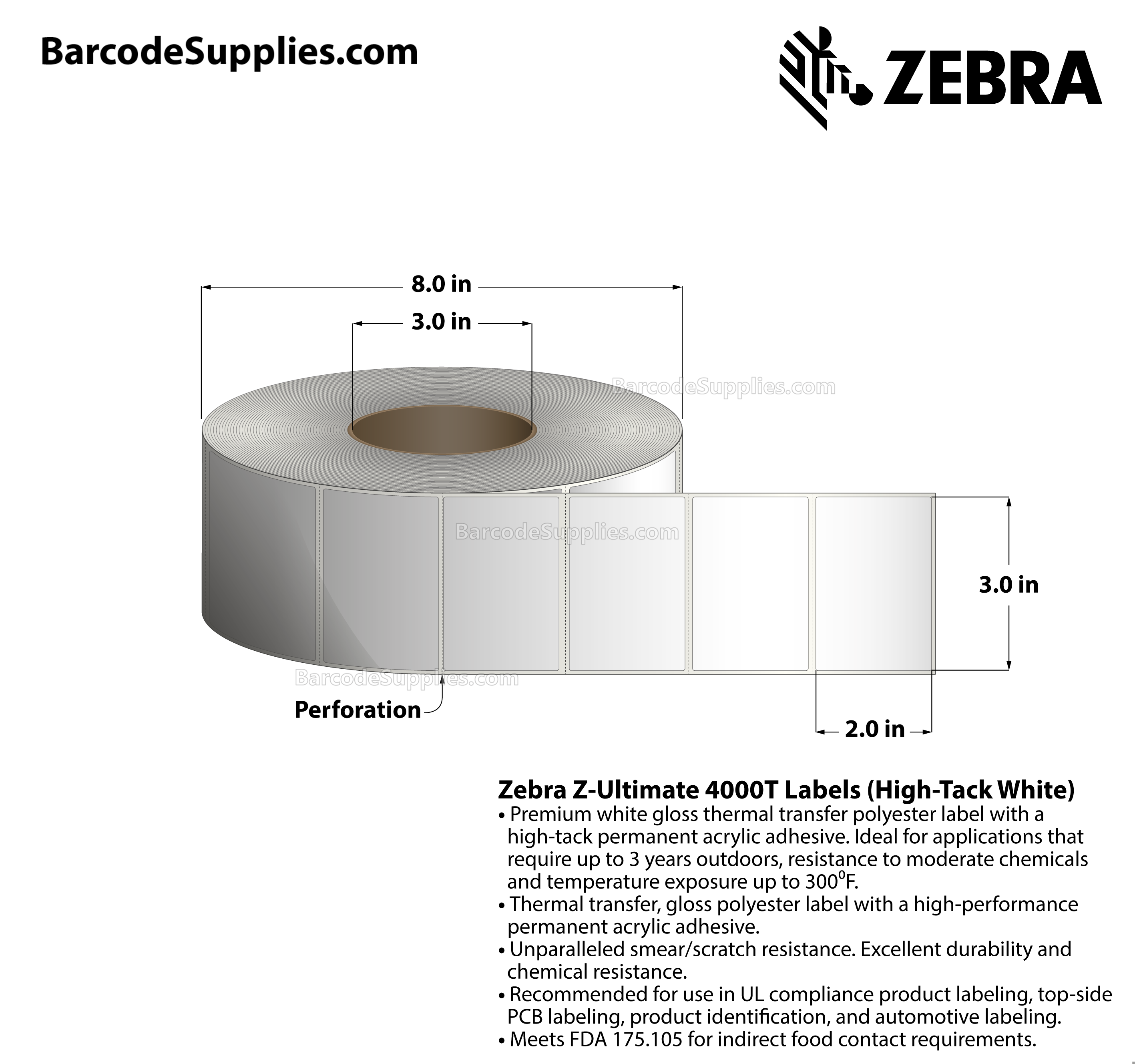 3 x 2 Thermal Transfer White Z-Ultimate 4000T High-Tack White Labels With High-tack Adhesive - Perforated - 2280 Labels Per Roll - Carton Of 4 Rolls - 9120 Labels Total - MPN: 10008520