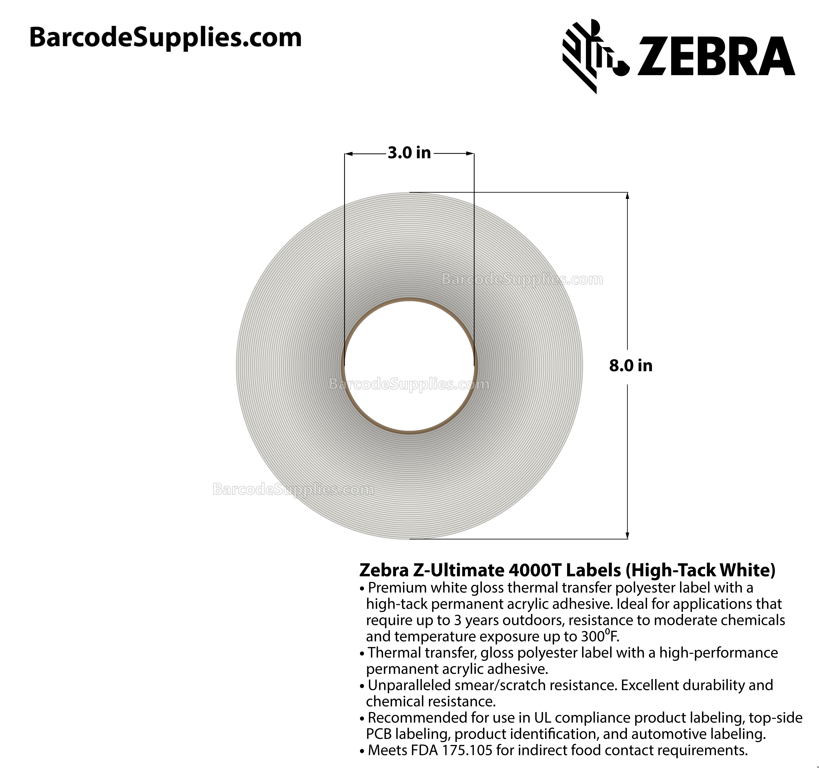 3 x 2 Thermal Transfer White Z-Ultimate 4000T High-Tack White Labels With High-tack Adhesive - Perforated - 2280 Labels Per Roll - Carton Of 4 Rolls - 9120 Labels Total - MPN: 10008520