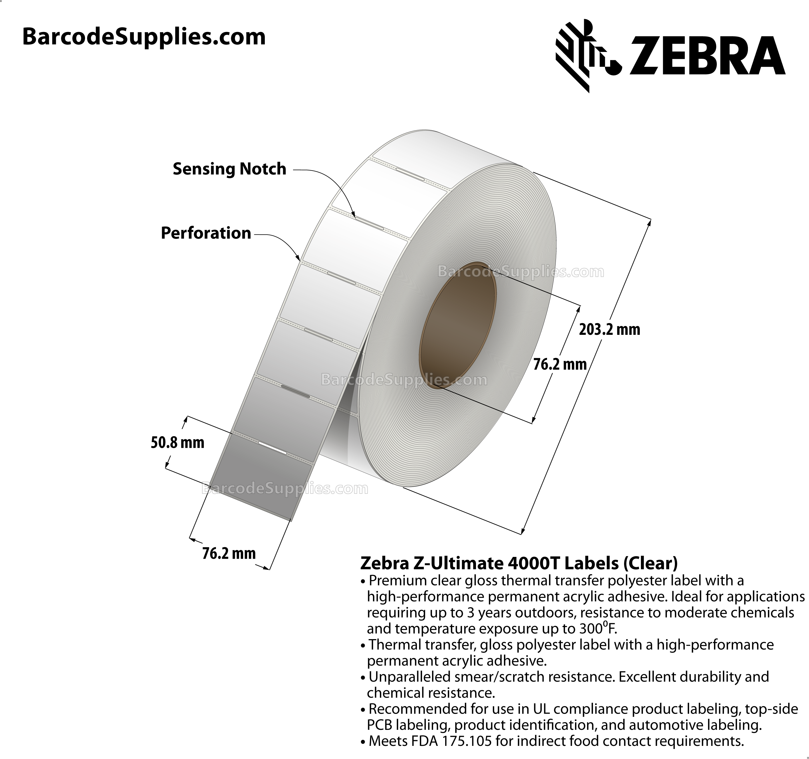 3 x 2 Thermal Transfer Clear Z-Ultimate 4000T Clear Labels With Permanent Adhesive - Notch sensing - Perforated - 1000 Labels Per Roll - Carton Of 1 Rolls - 1000 Labels Total - MPN: 10023048