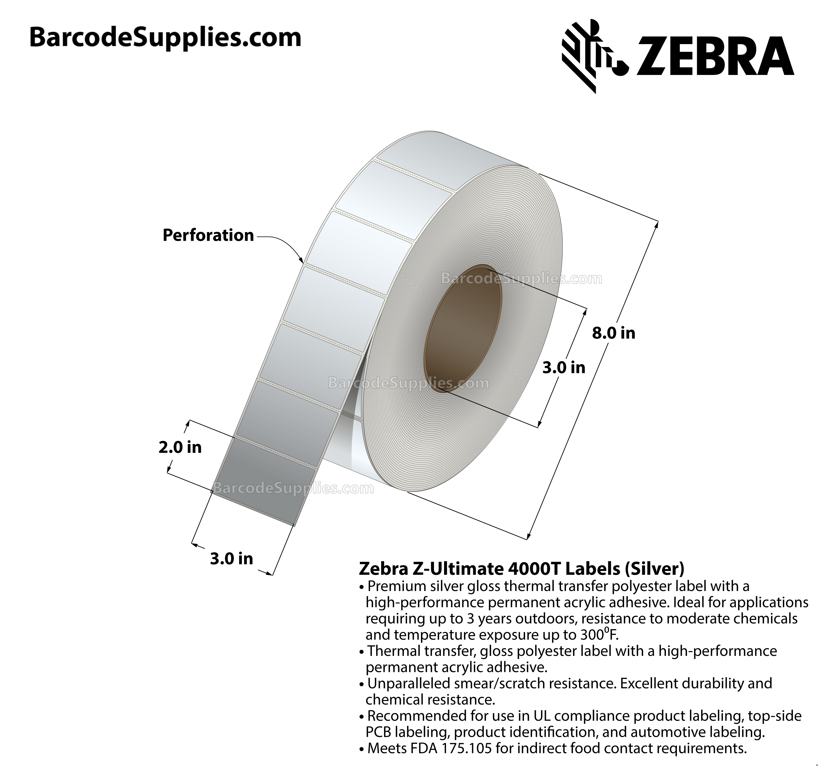 3 x 2 Thermal Transfer Silver Z-Ultimate 4000T Silver Labels With Permanent Adhesive - Perforated - 1000 Labels Per Roll - Carton Of 1 Rolls - 1000 Labels Total - MPN: 10023158