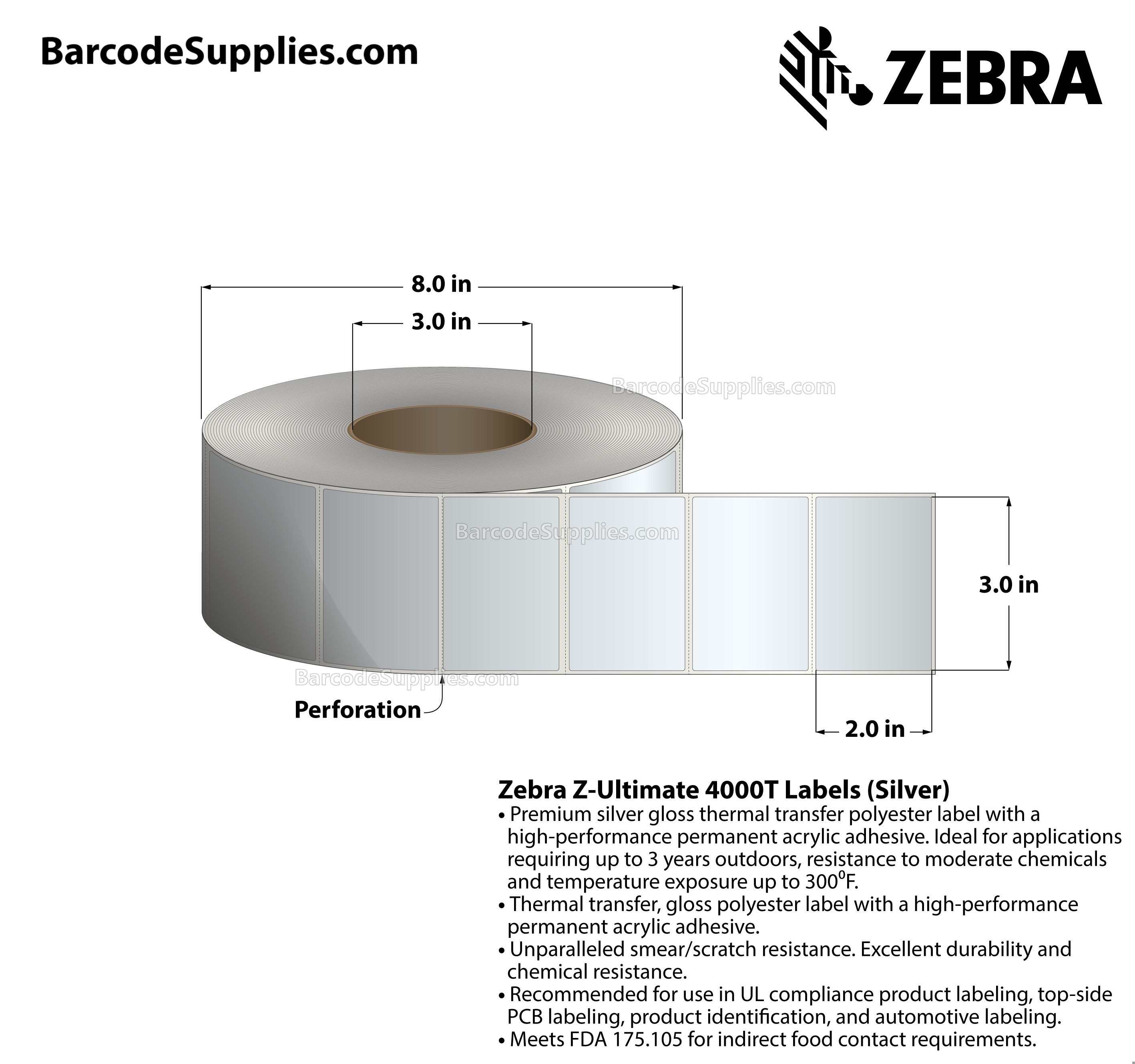 3 x 2 Thermal Transfer Silver Z-Ultimate 4000T Silver Labels With Permanent Adhesive - Perforated - 1000 Labels Per Roll - Carton Of 1 Rolls - 1000 Labels Total - MPN: 10023158