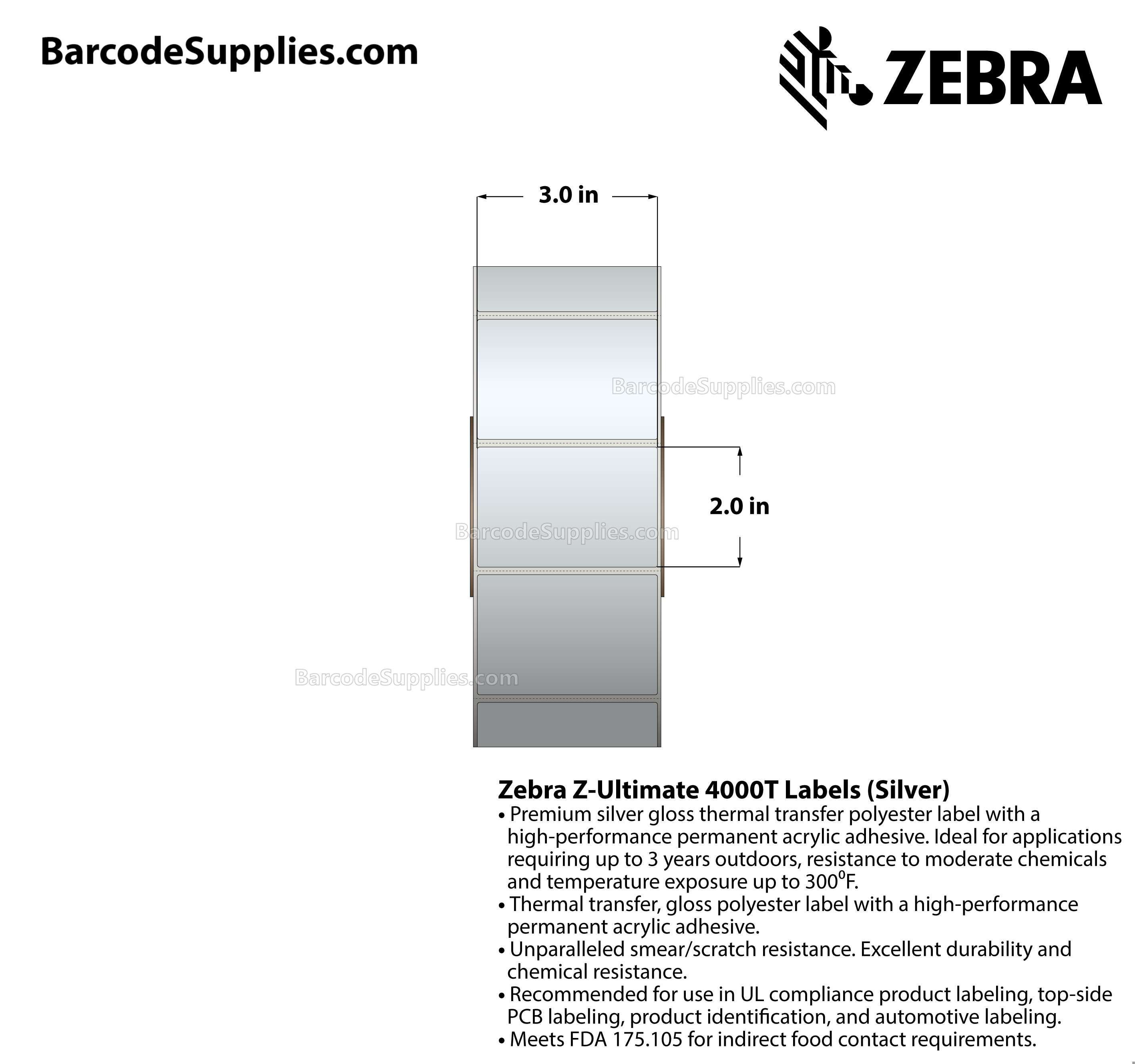 3 x 2 Thermal Transfer Silver Z-Ultimate 4000T Silver Labels With Permanent Adhesive - Perforated - 1000 Labels Per Roll - Carton Of 1 Rolls - 1000 Labels Total - MPN: 10023158