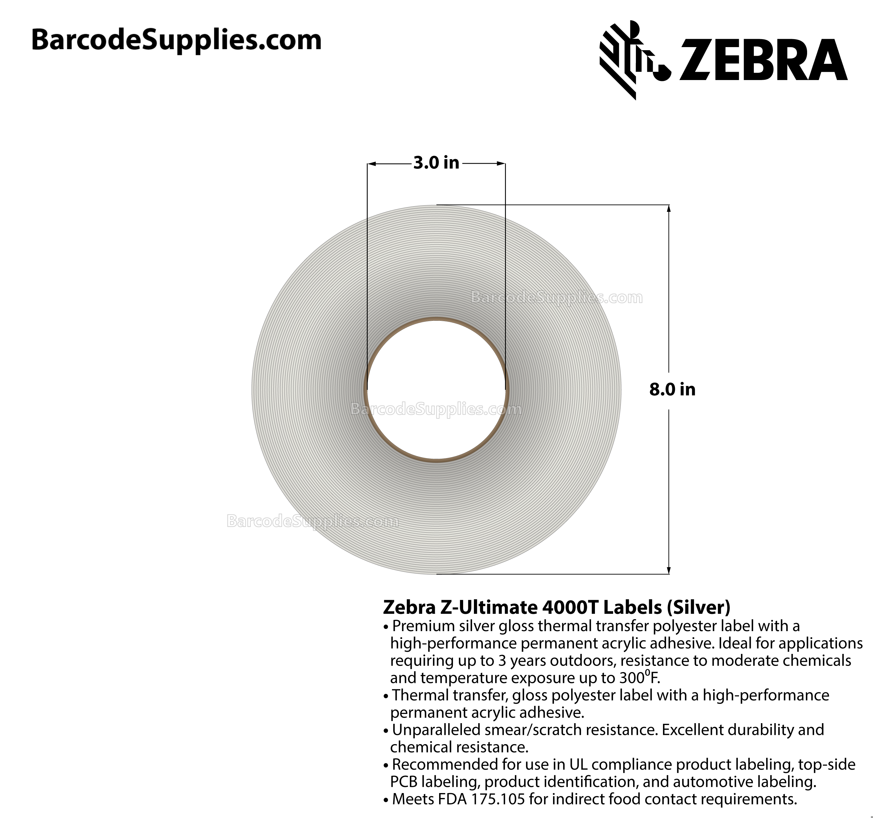3 x 2 Thermal Transfer Silver Z-Ultimate 4000T Silver Labels With Permanent Adhesive - Perforated - 1000 Labels Per Roll - Carton Of 1 Rolls - 1000 Labels Total - MPN: 10023158