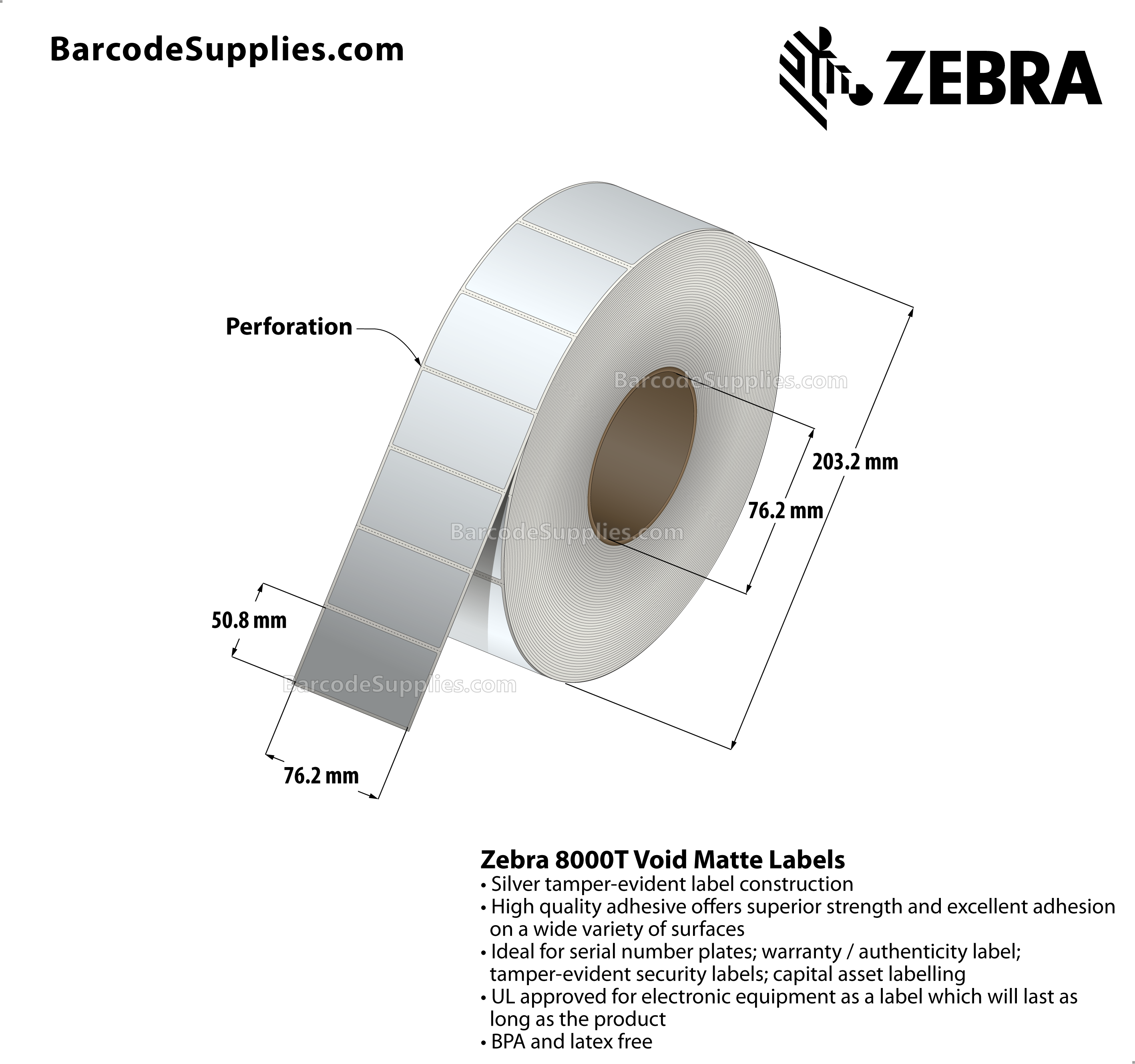 3 x 2 Thermal Transfer Silver 8000T Void Matte Silver Labels With Tamper-evident Adhesive - Perforated - 1000 Labels Per Roll - Carton Of 1 Rolls - 1000 Labels Total - MPN: 10022923