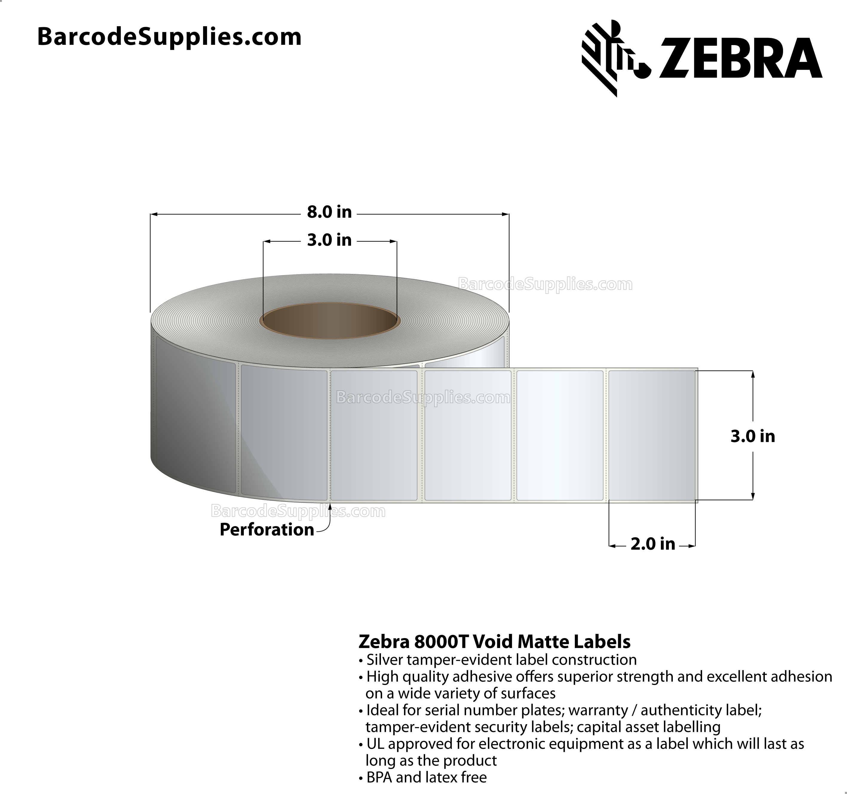 3 x 2 Thermal Transfer Silver 8000T Void Matte Silver Labels With Tamper-evident Adhesive - Perforated - 1000 Labels Per Roll - Carton Of 1 Rolls - 1000 Labels Total - MPN: 10022923