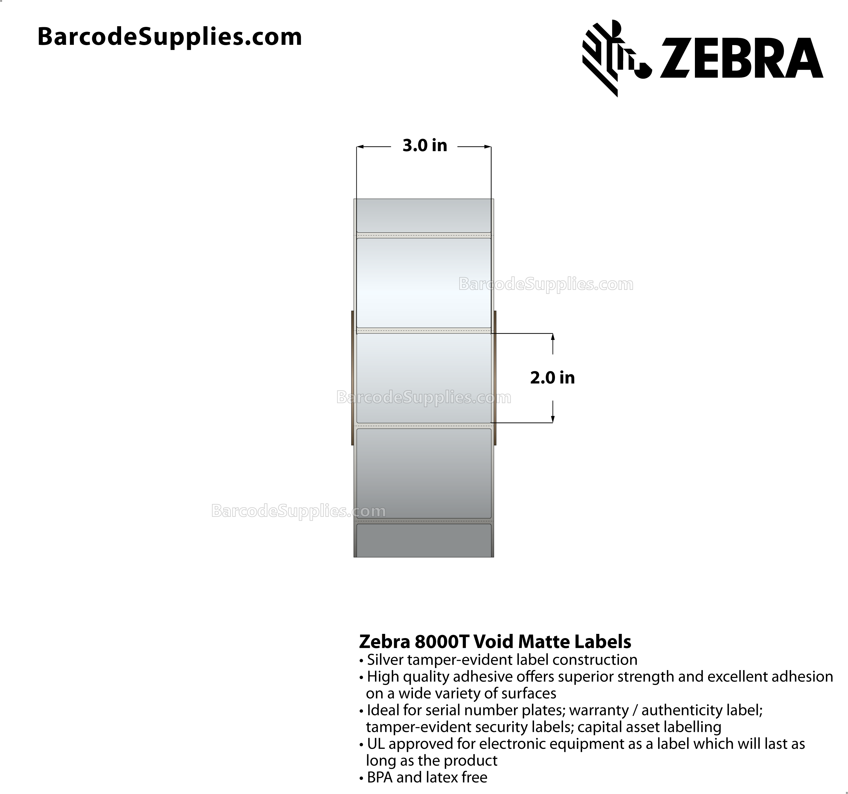 3 x 2 Thermal Transfer Silver 8000T Void Matte Silver Labels With Tamper-evident Adhesive - Perforated - 1000 Labels Per Roll - Carton Of 1 Rolls - 1000 Labels Total - MPN: 10022923
