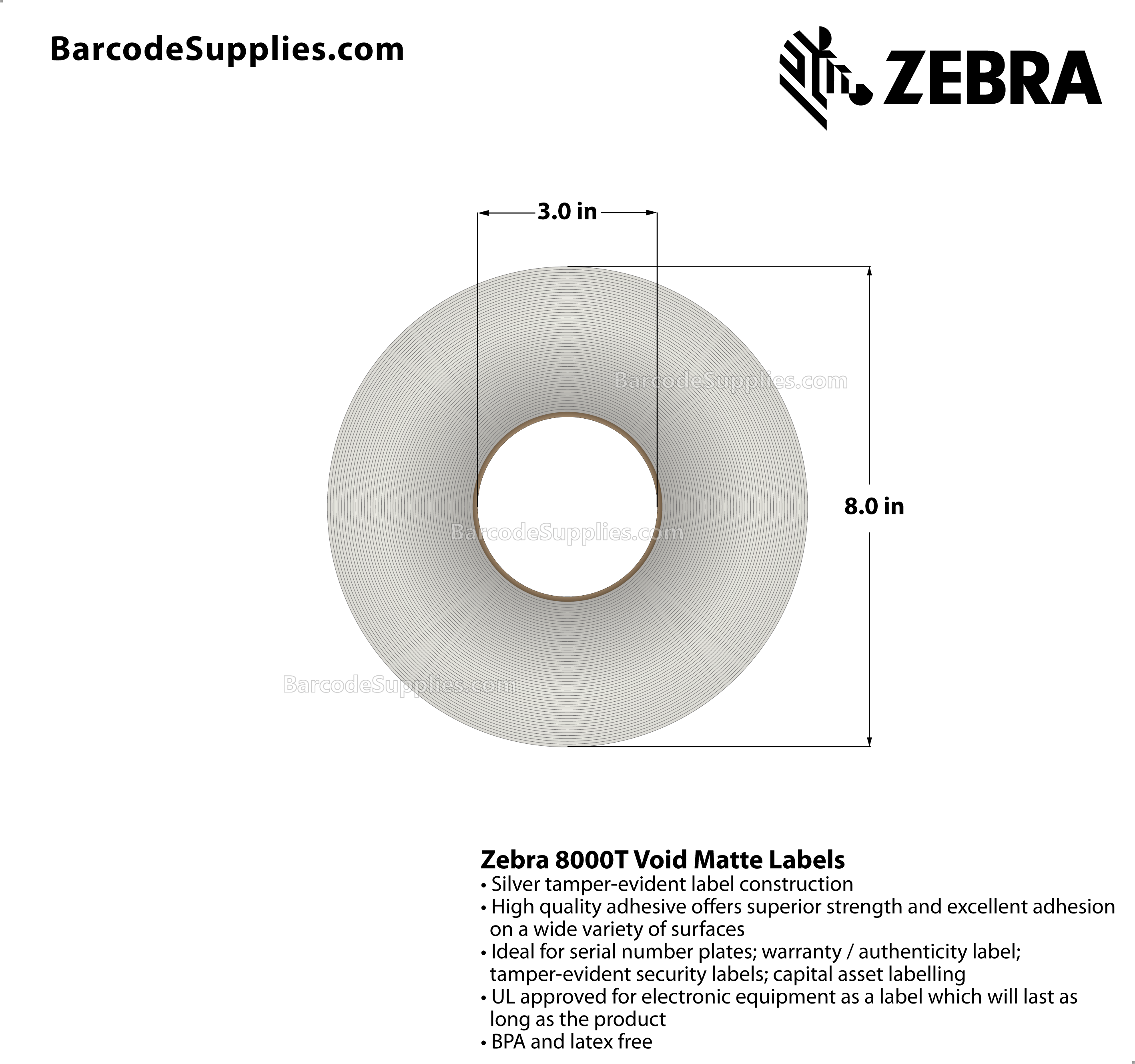 3 x 2 Thermal Transfer Silver 8000T Void Matte Silver Labels With Tamper-evident Adhesive - Perforated - 1000 Labels Per Roll - Carton Of 1 Rolls - 1000 Labels Total - MPN: 10022923