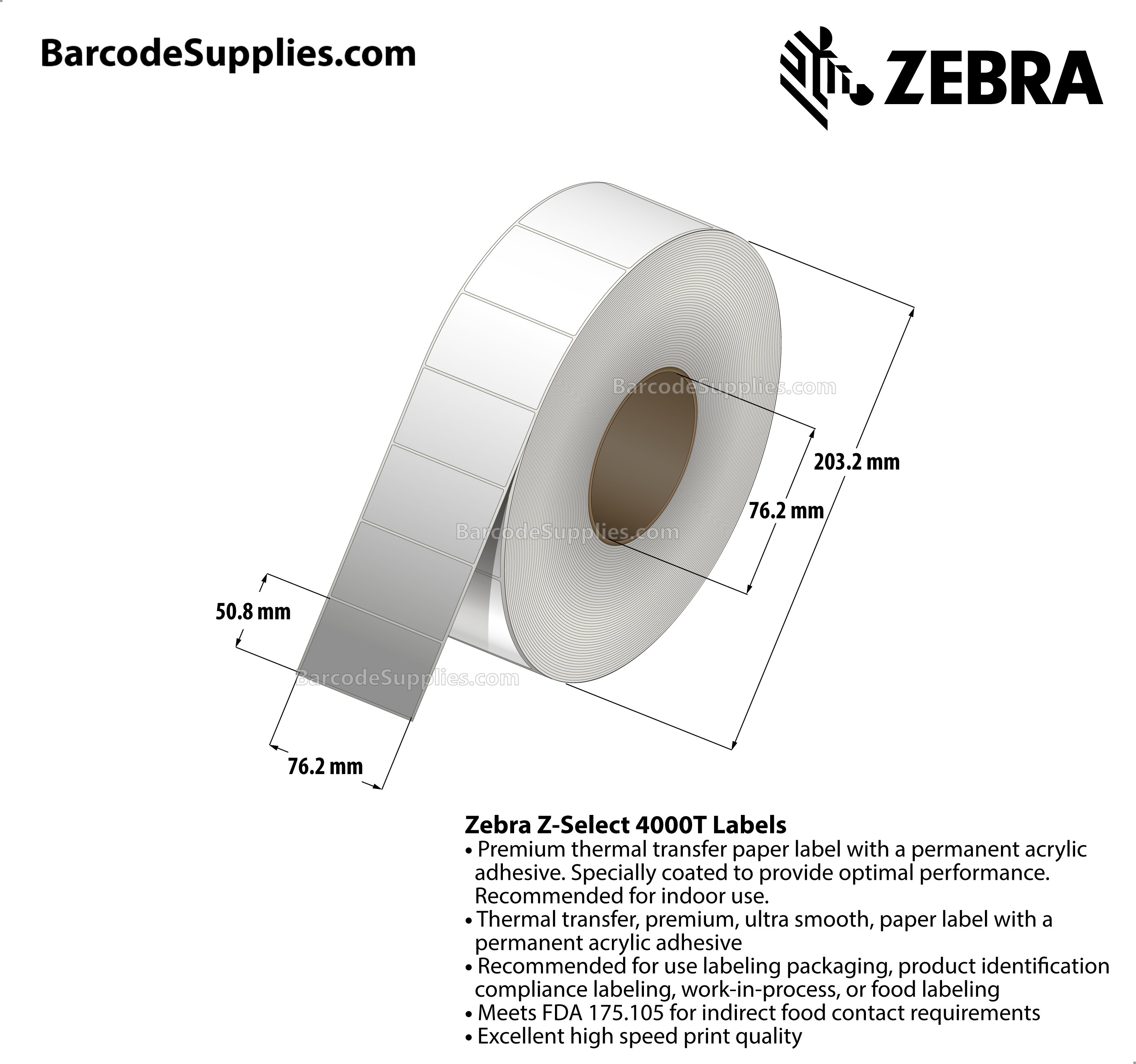 3 x 2 Thermal Transfer White Z-Select 4000T Labels With Permanent Adhesive - Not Perforated - 2740 Labels Per Roll - Carton Of 6 Rolls - 16440 Labels Total - MPN: 72285