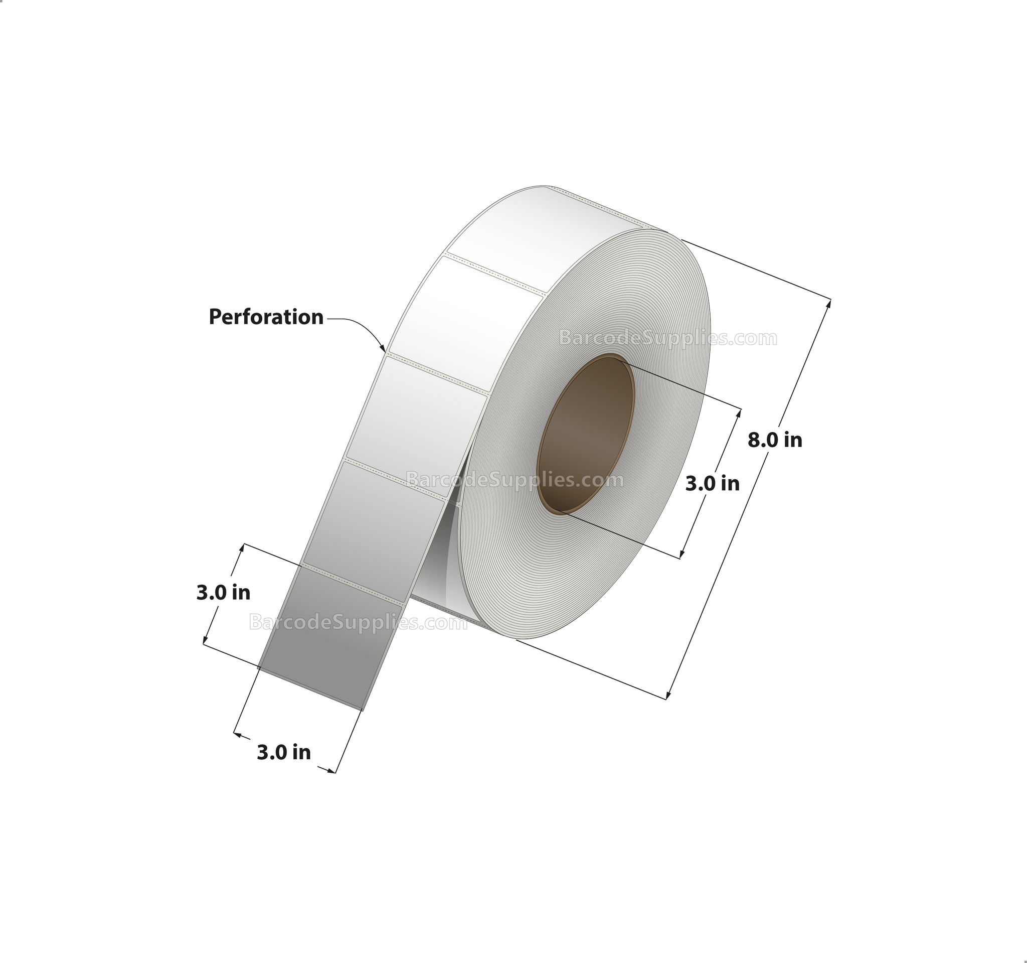 3 x 3 Direct Thermal White Labels With Acrylic Adhesive - Perforated - 1900 Labels Per Roll - Carton Of 8 Rolls - 15200 Labels Total - MPN: RD-3-3-1900-3 - BarcodeSource, Inc.