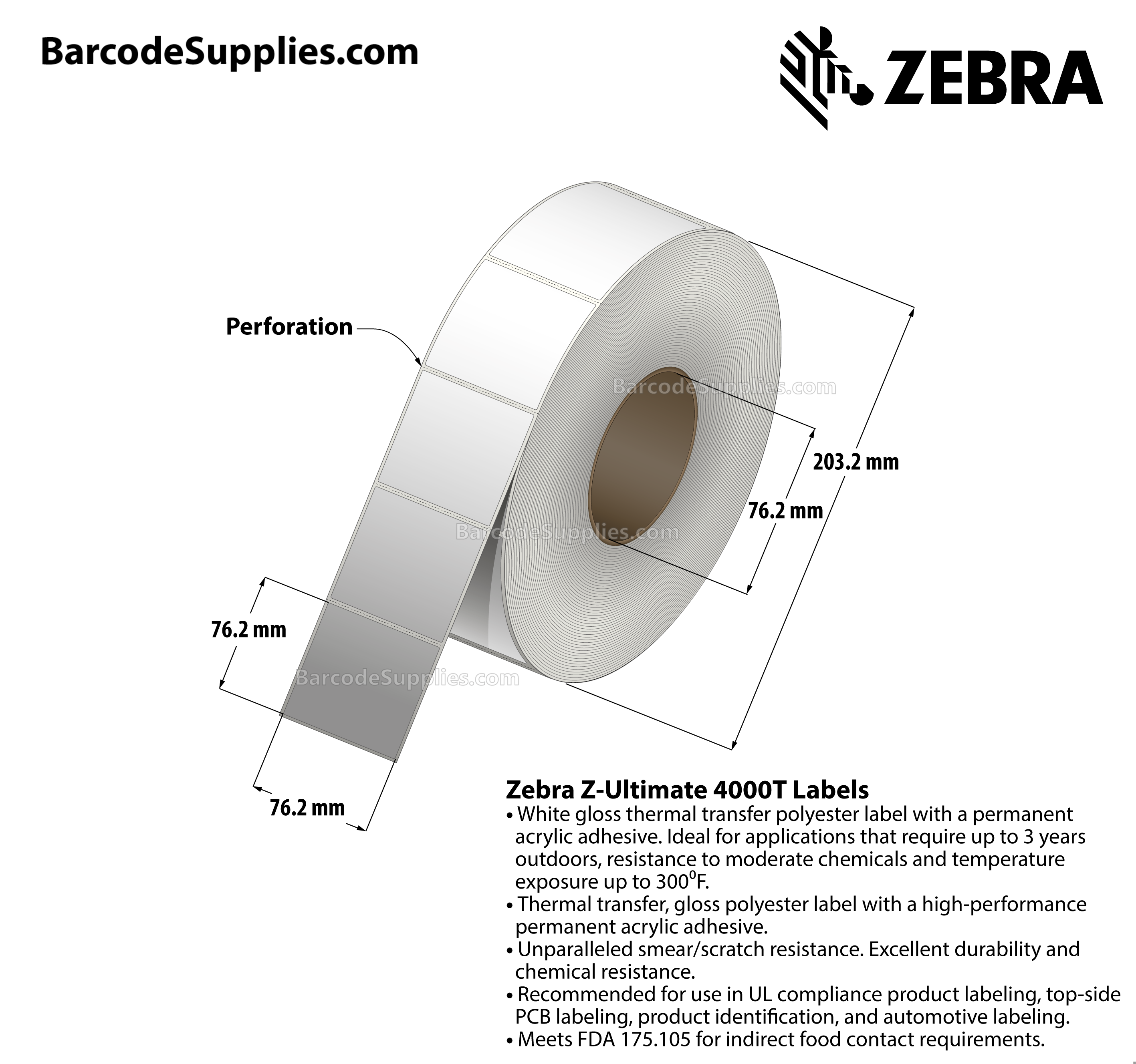 3 x 3 Thermal Transfer White Z-Ultimate 4000T Labels With Permanent Adhesive - Perforated - 1880 Labels Per Roll - Carton Of 4 Rolls - 7520 Labels Total - MPN: 10011710